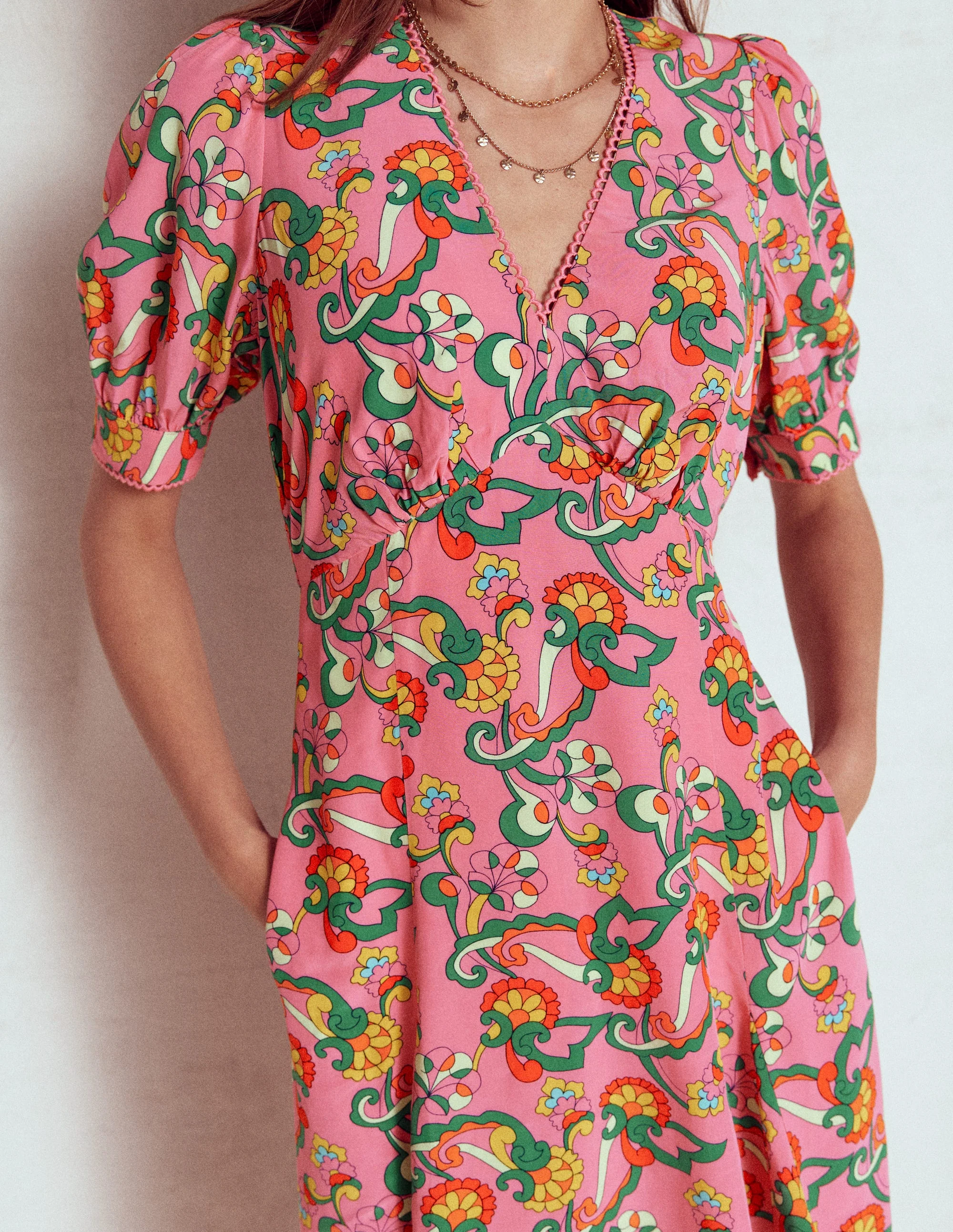 Rosie Godet Tea Dress-Pink Rose, Foliage Trail - Image 2