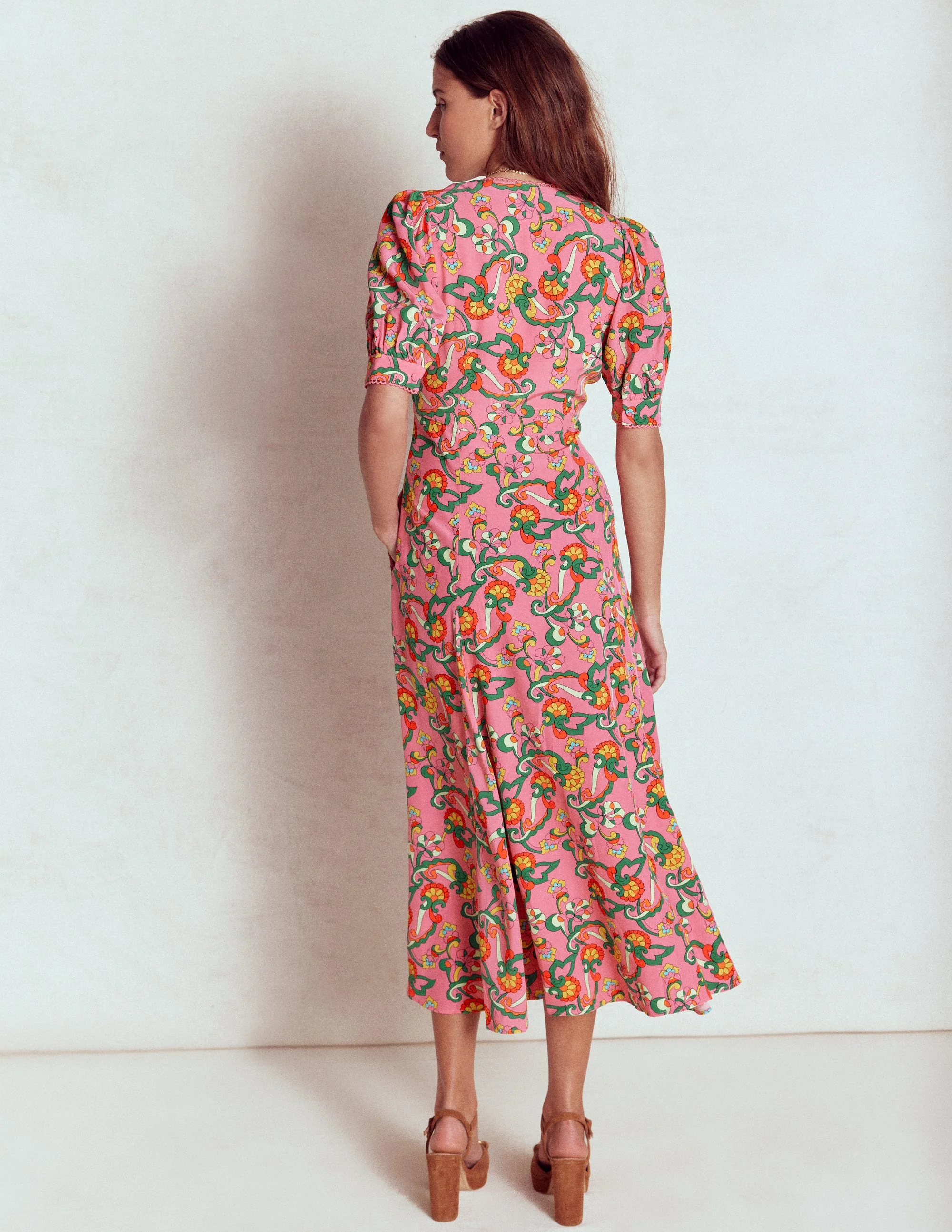 Rosie Godet Tea Dress-Pink Rose, Foliage Trail - Image 3