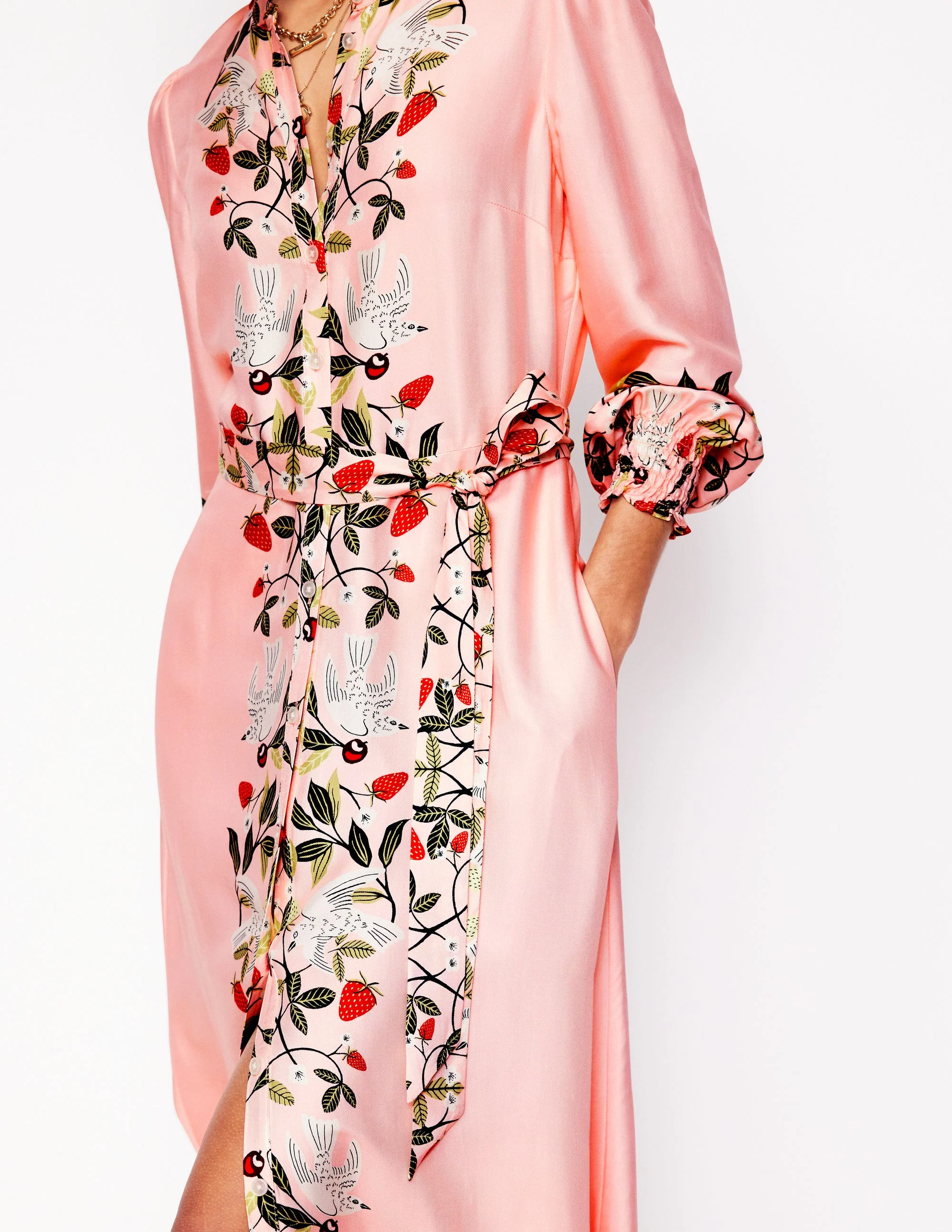 Ruby Collarless Shirt Dress-Pink, Bird Paradise - Image 2