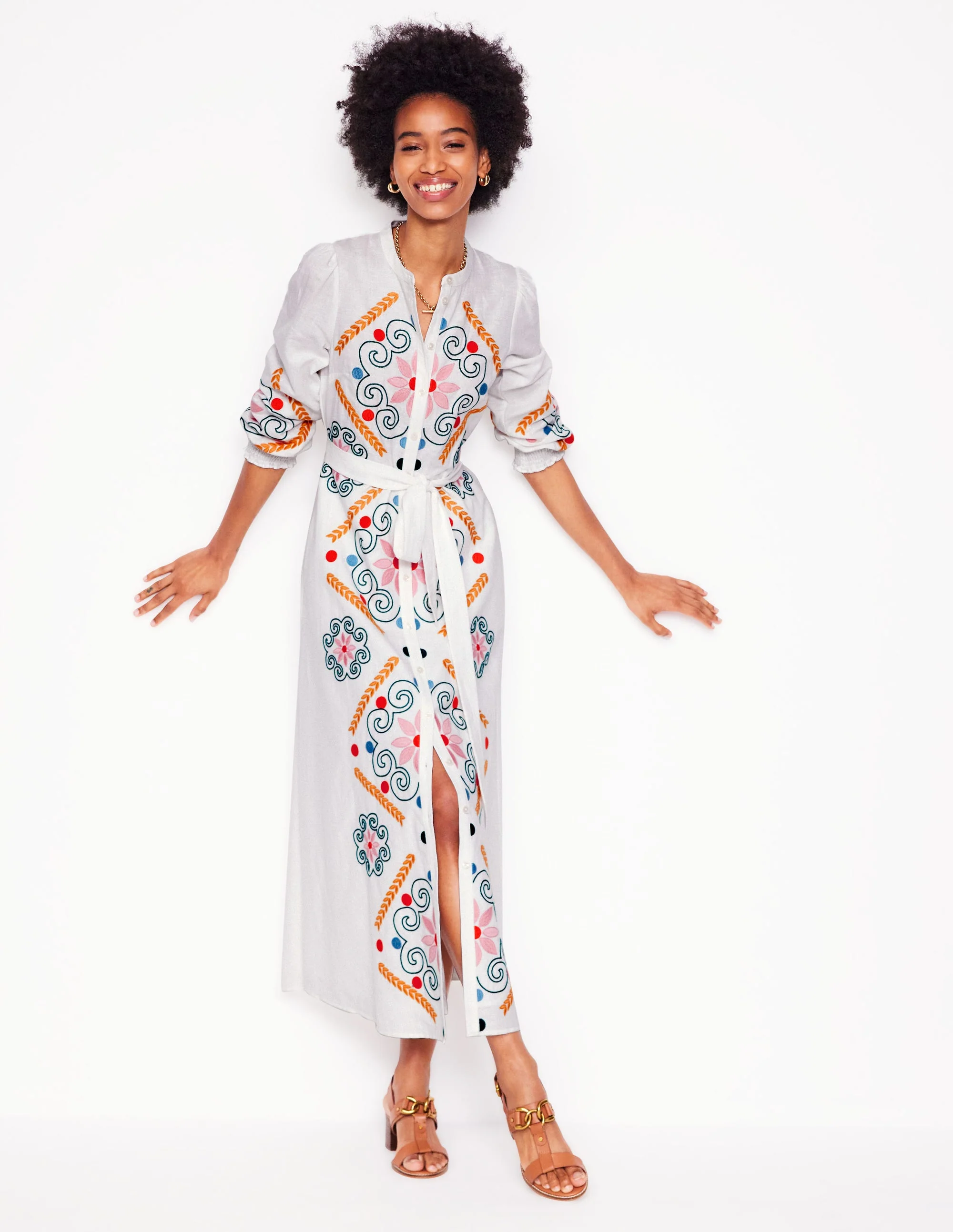 Ruby Linen Blend Shirt Dress-White Embroidery