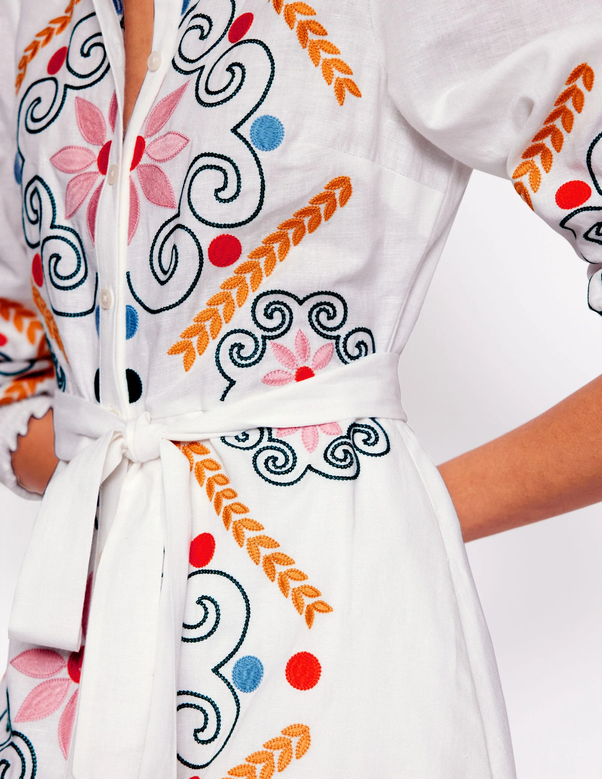 Ruby Linen Blend Shirt Dress-White Embroidery - Image 4