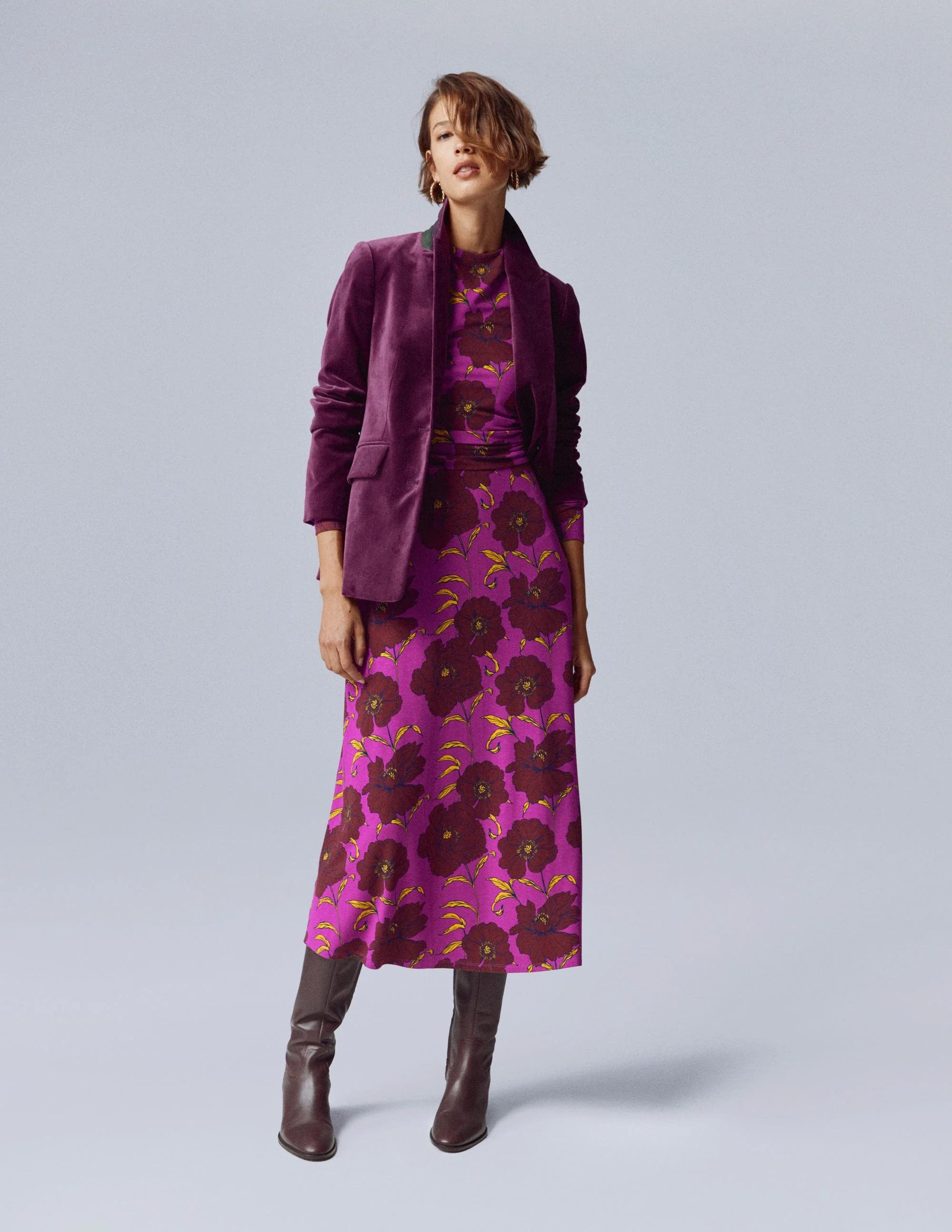 Ruched Jersey Midi Dress-Regal Purple, Peony Bloom - Image 6
