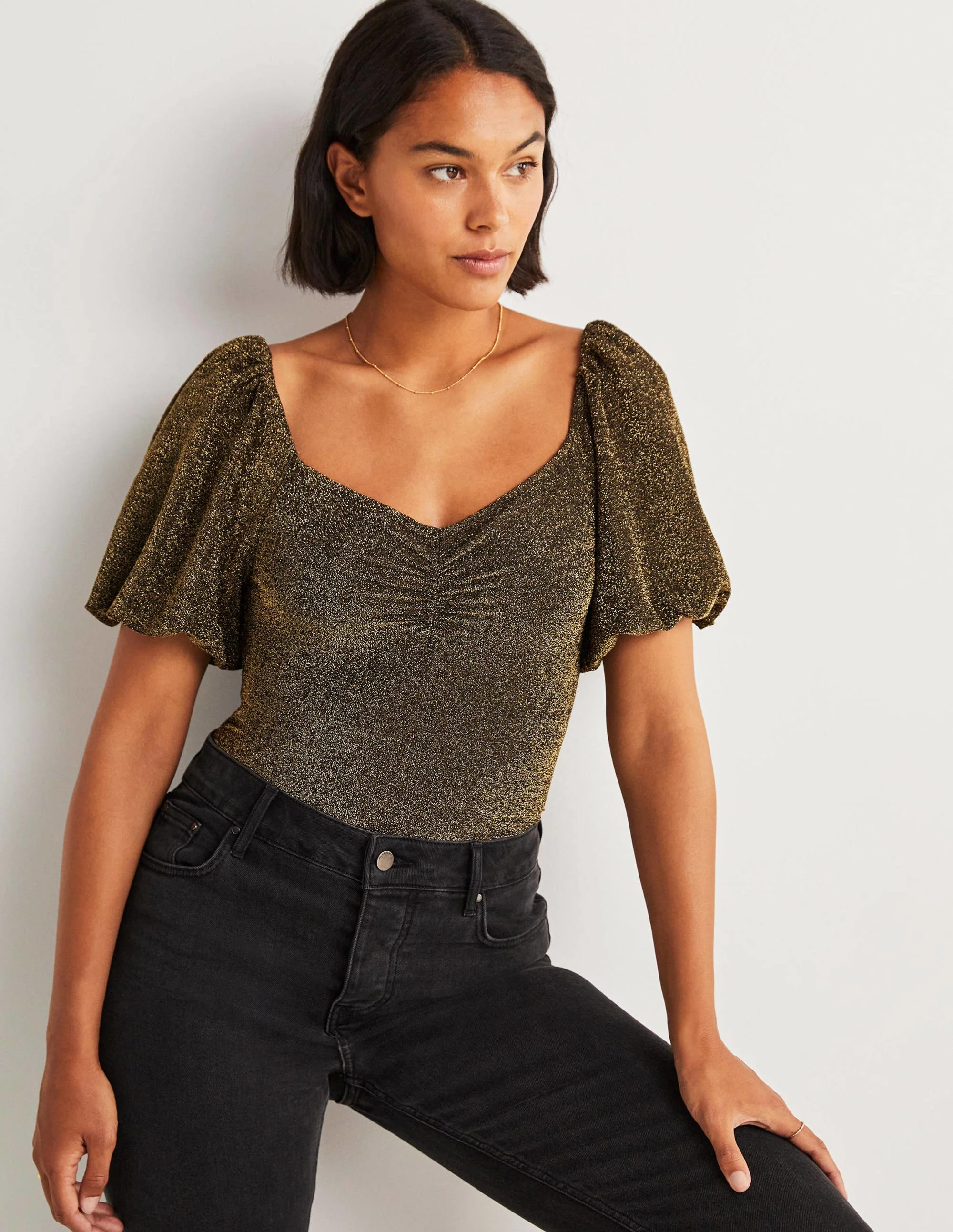 Ruched Sparkle Jersey Top-Black and Gold Sparkle - Image 4