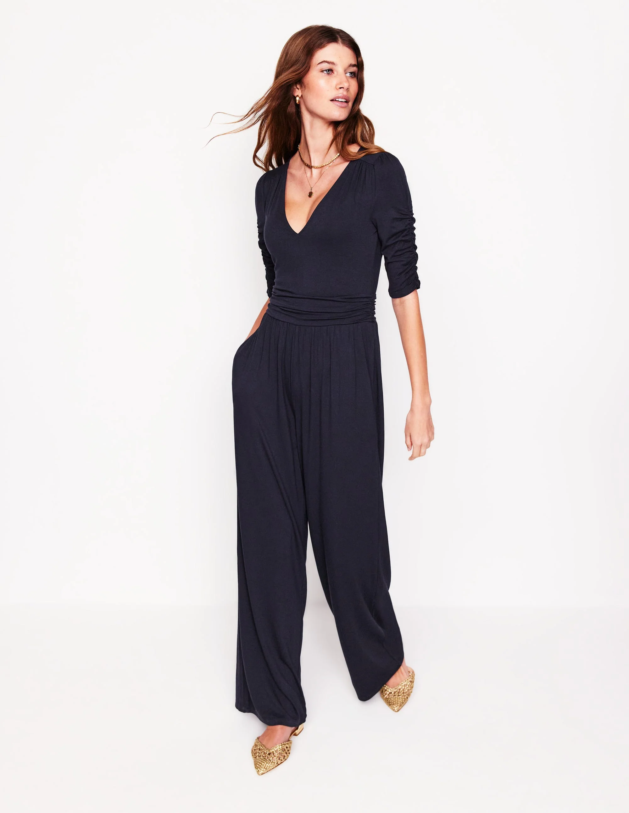 Ruched Waist Jumpsuit-Navy - Image 4