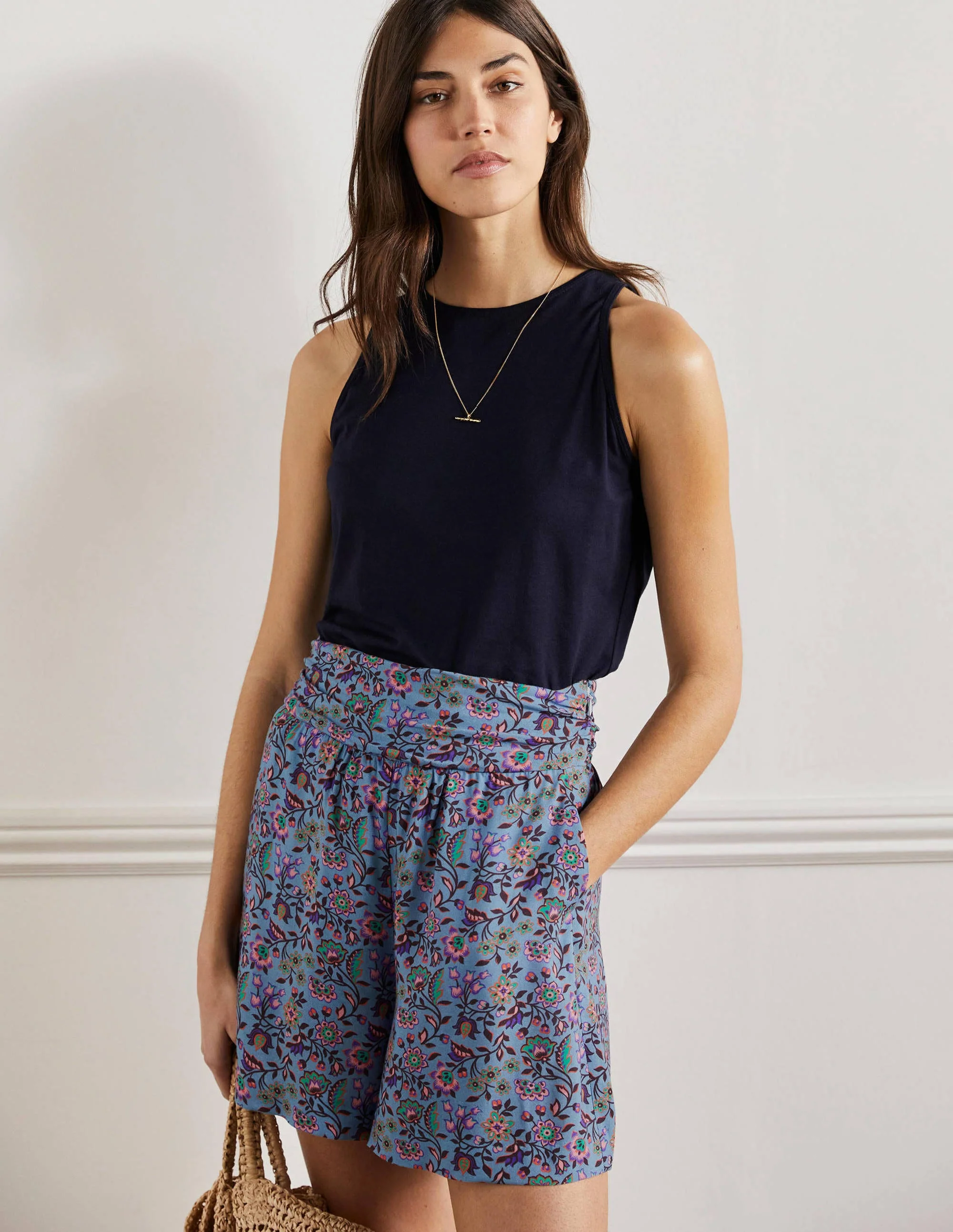 Ruched Waistband Shorts-Dusty Blue, Oriental Meadow