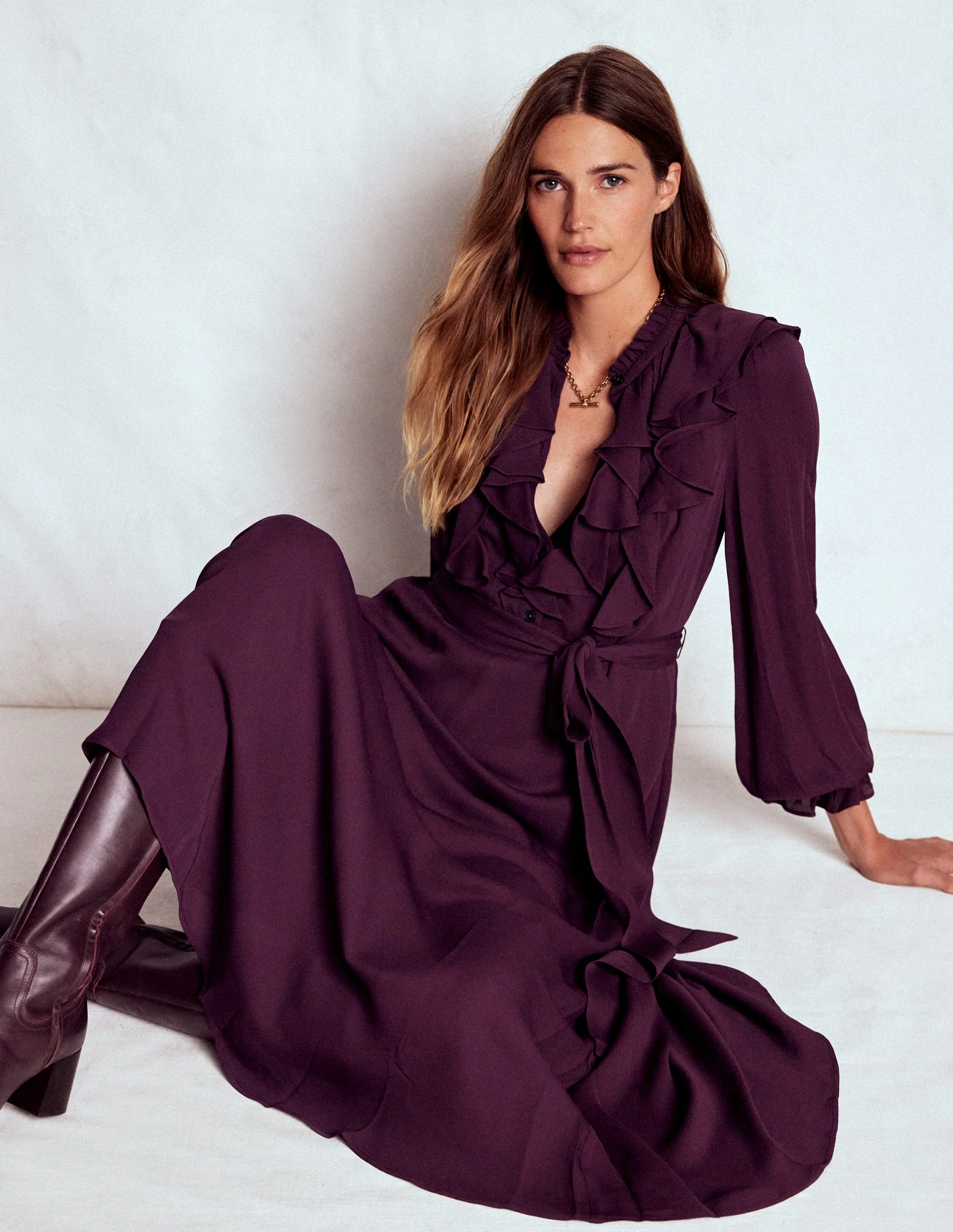 Ruffle Front Shirt Dress-Dark Cherry
