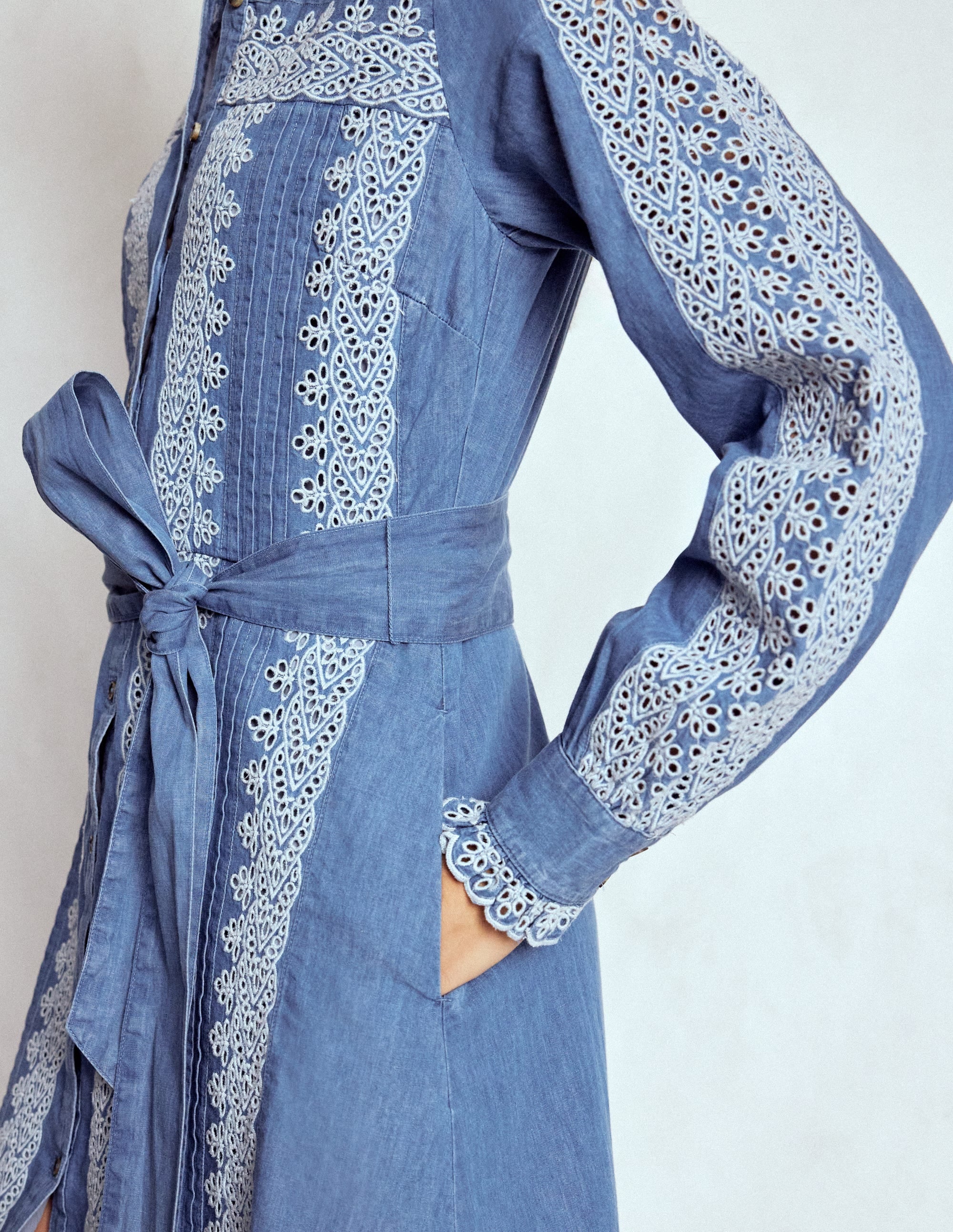 Ruffle Placket Chambray Dress-Light Blue Chambray - Image 2