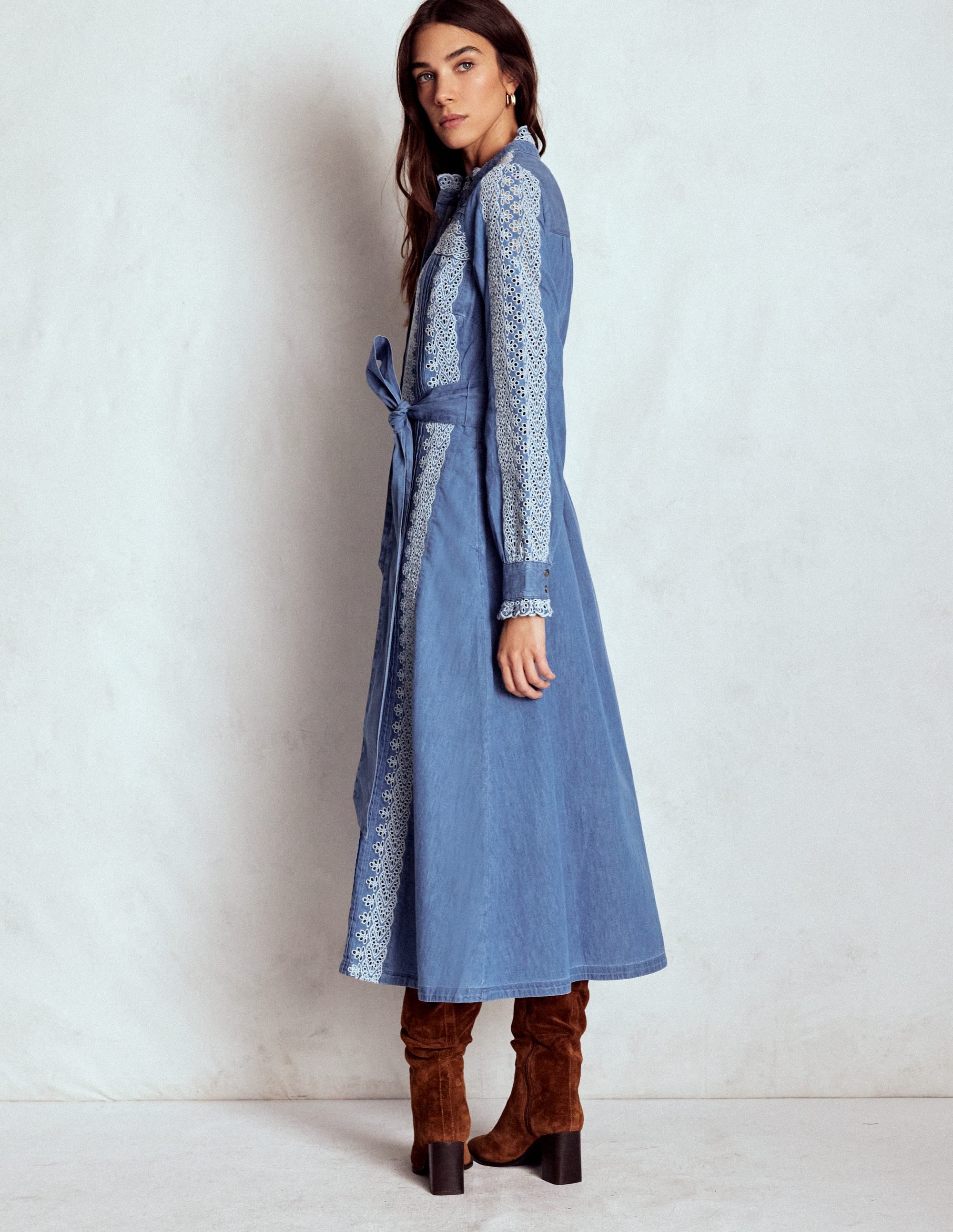 Ruffle Placket Chambray Dress-Light Blue Chambray - Image 3