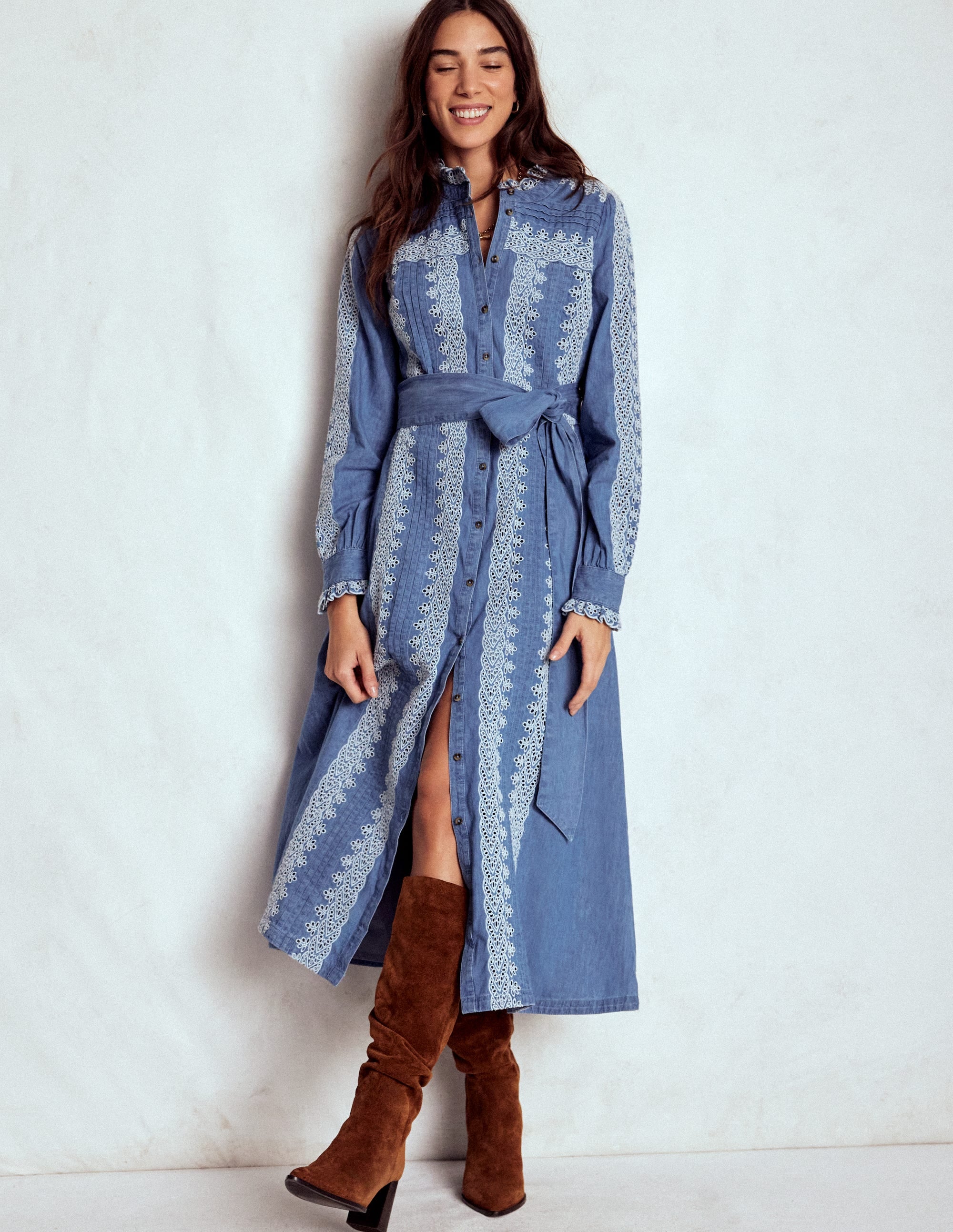 Ruffle Placket Chambray Dress-Light Blue Chambray - Image 4