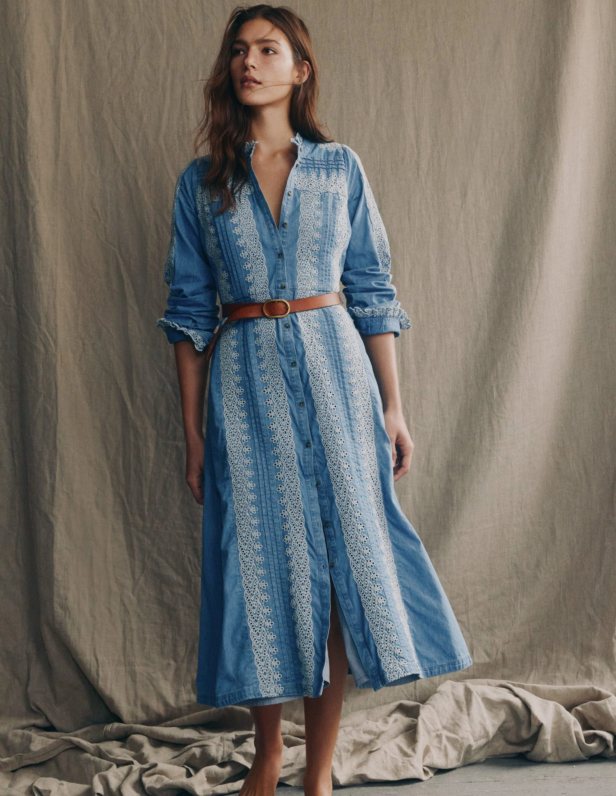 Ruffle Placket Chambray Dress-Light Blue Chambray - Image 5