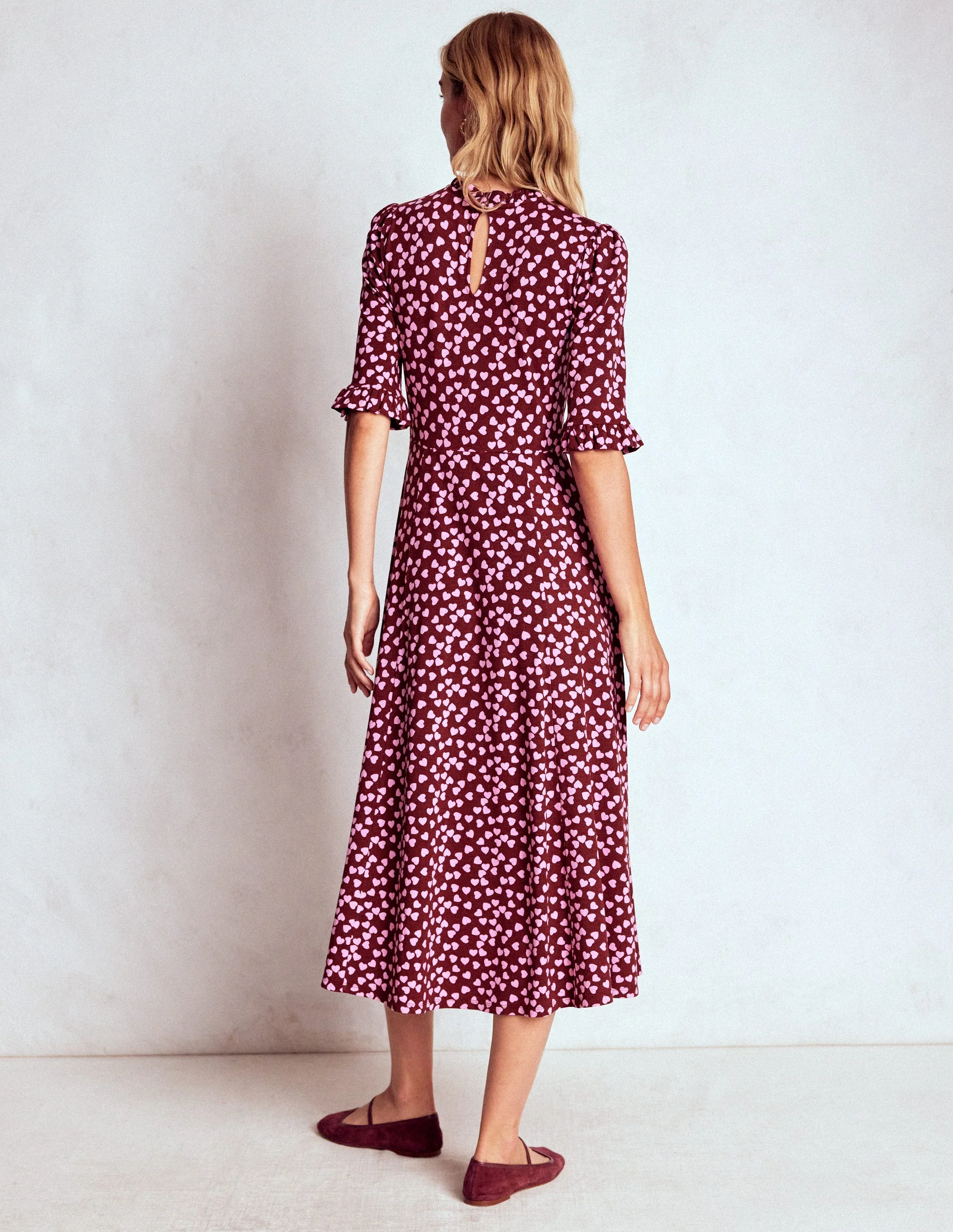 Ruffle Seamed Midi Dress-Chestnut, Heart Cascade - Image 3