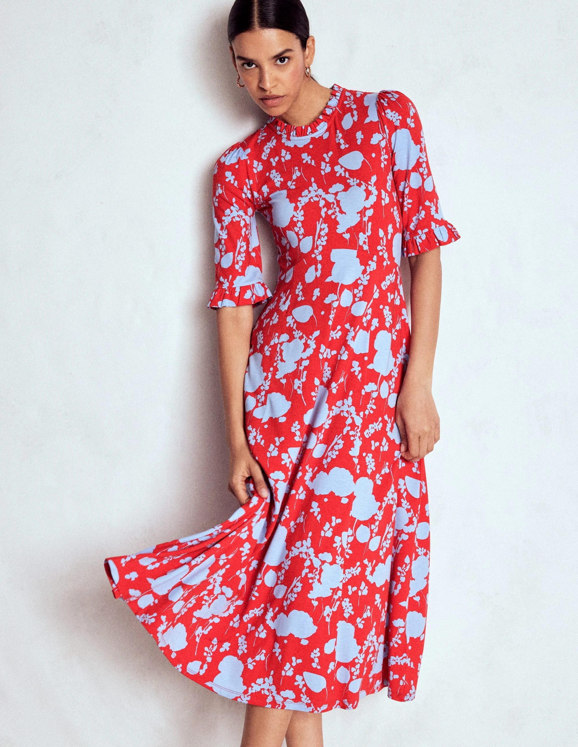 Ruffle Seamed Midi Dress-Poppy Red, Dainty Sprigs - Image 5