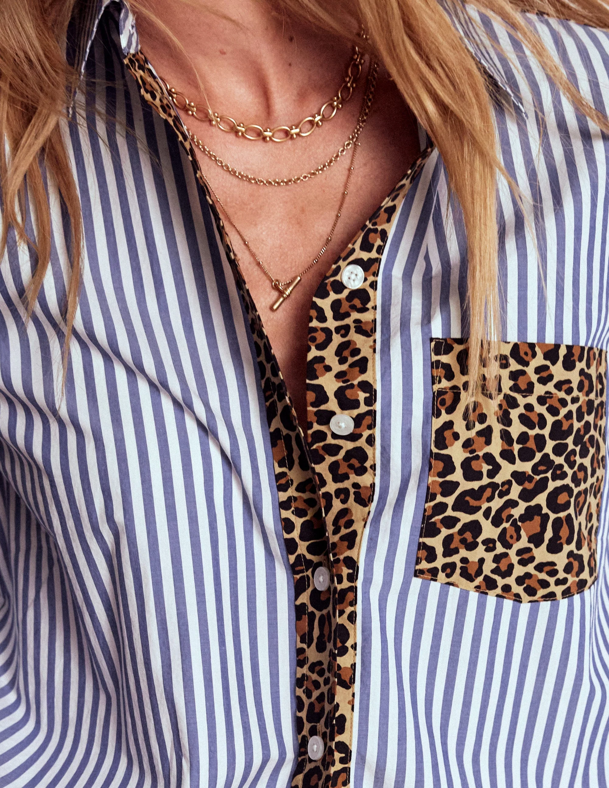 Sadie Relaxed Cotton Shirt-Blue Stripe, Cheetah Pop Hotch - Image 2