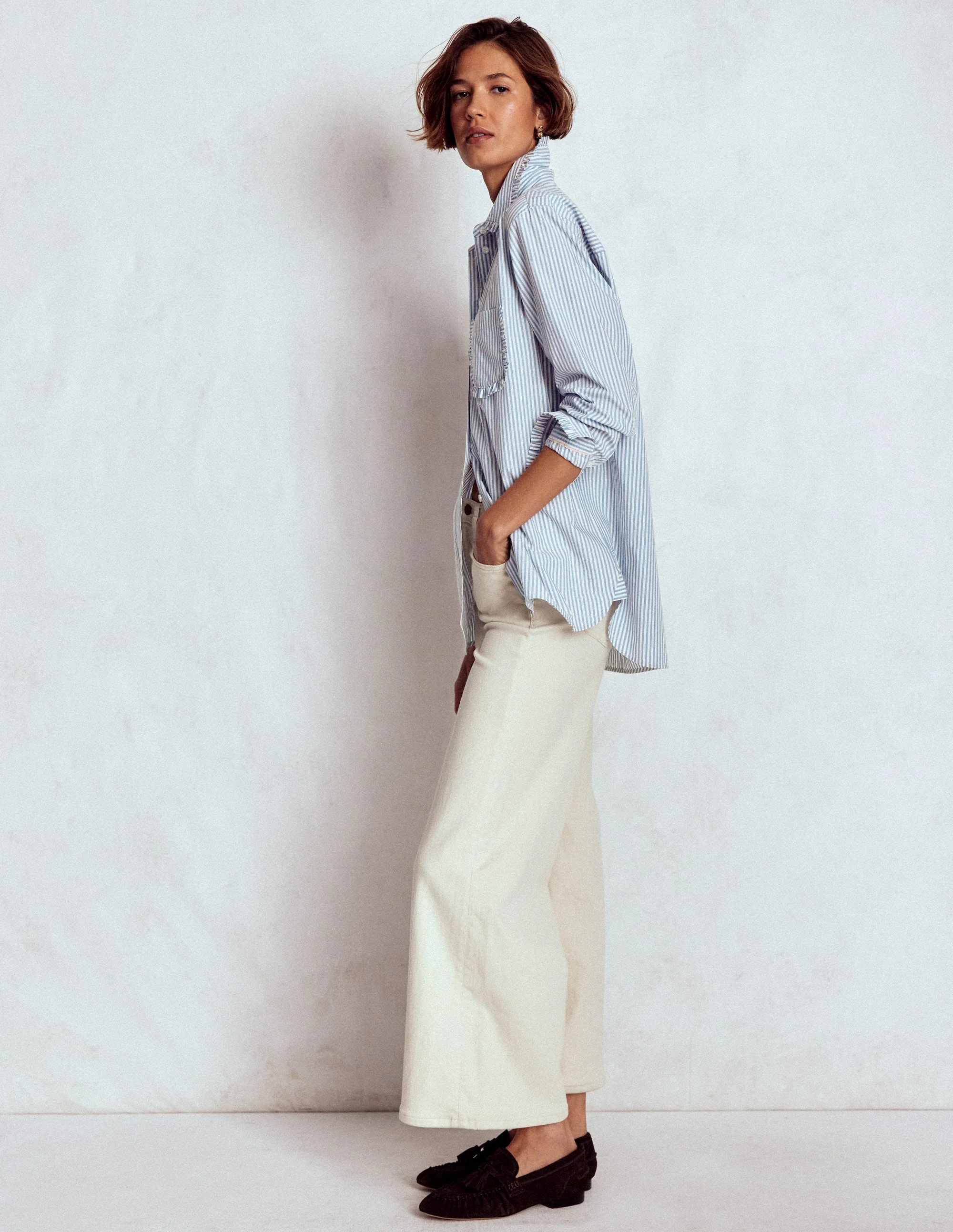 Sadie Relaxed Cotton Shirt-Faded Denim and Ivory Stripe - Image 4