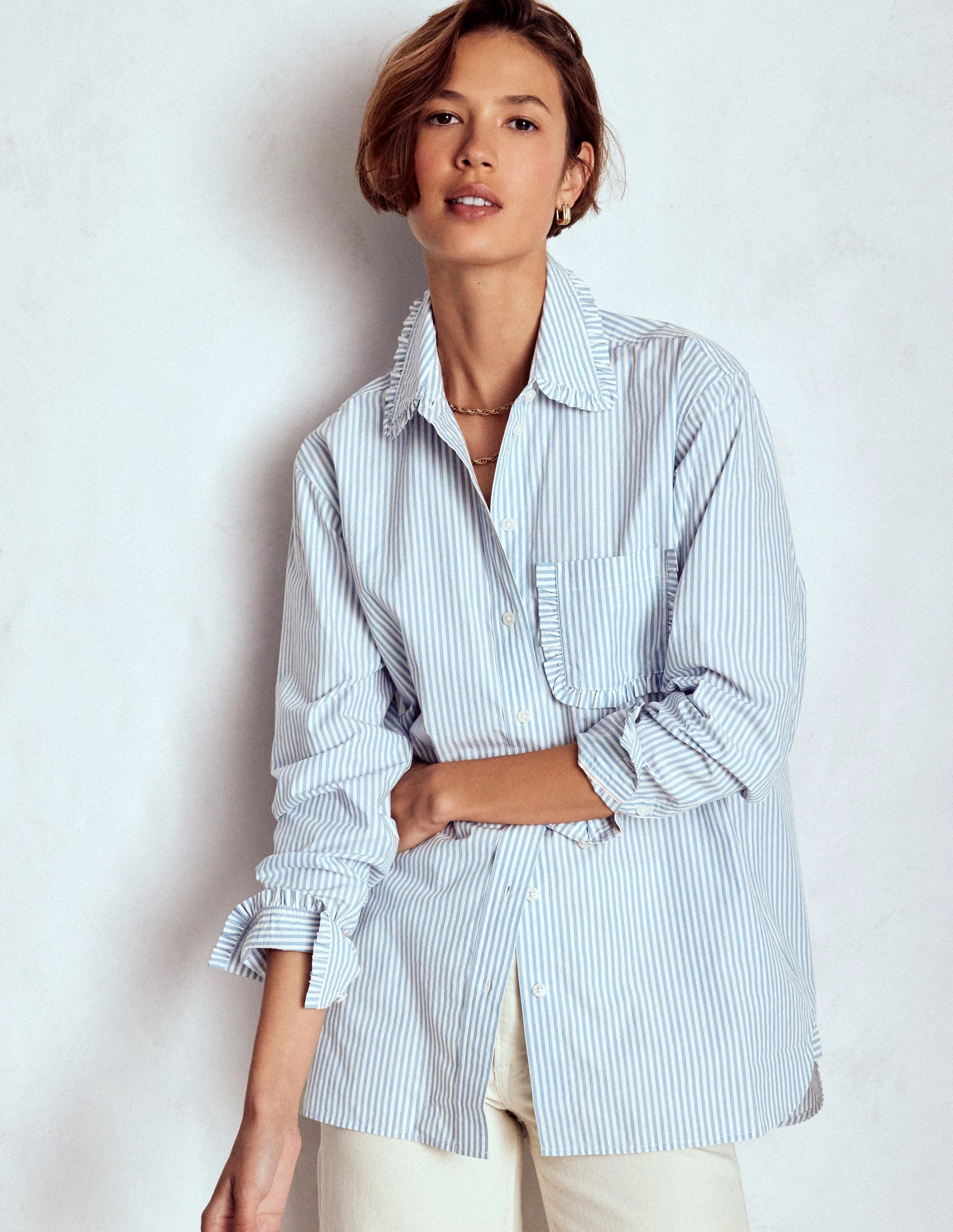 Sadie Relaxed Cotton Shirt-Faded Denim and Ivory Stripe - Image 5