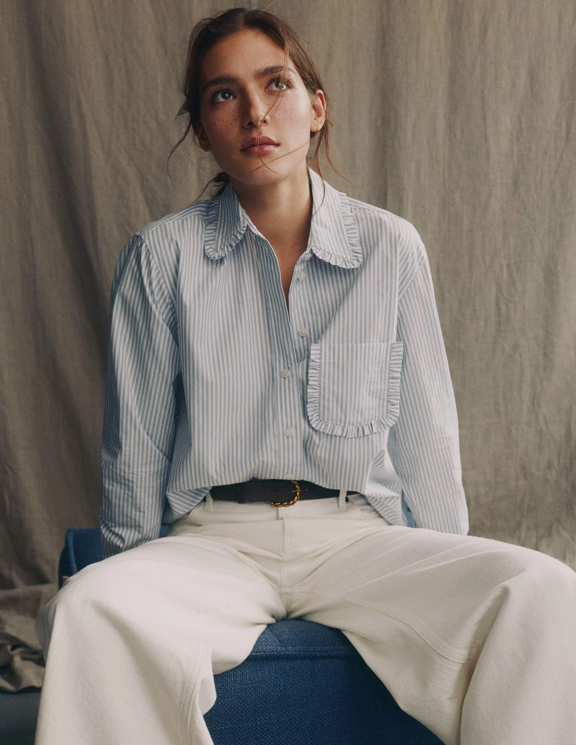 Sadie Relaxed Cotton Shirt-Faded Denim and Ivory Stripe - Image 6