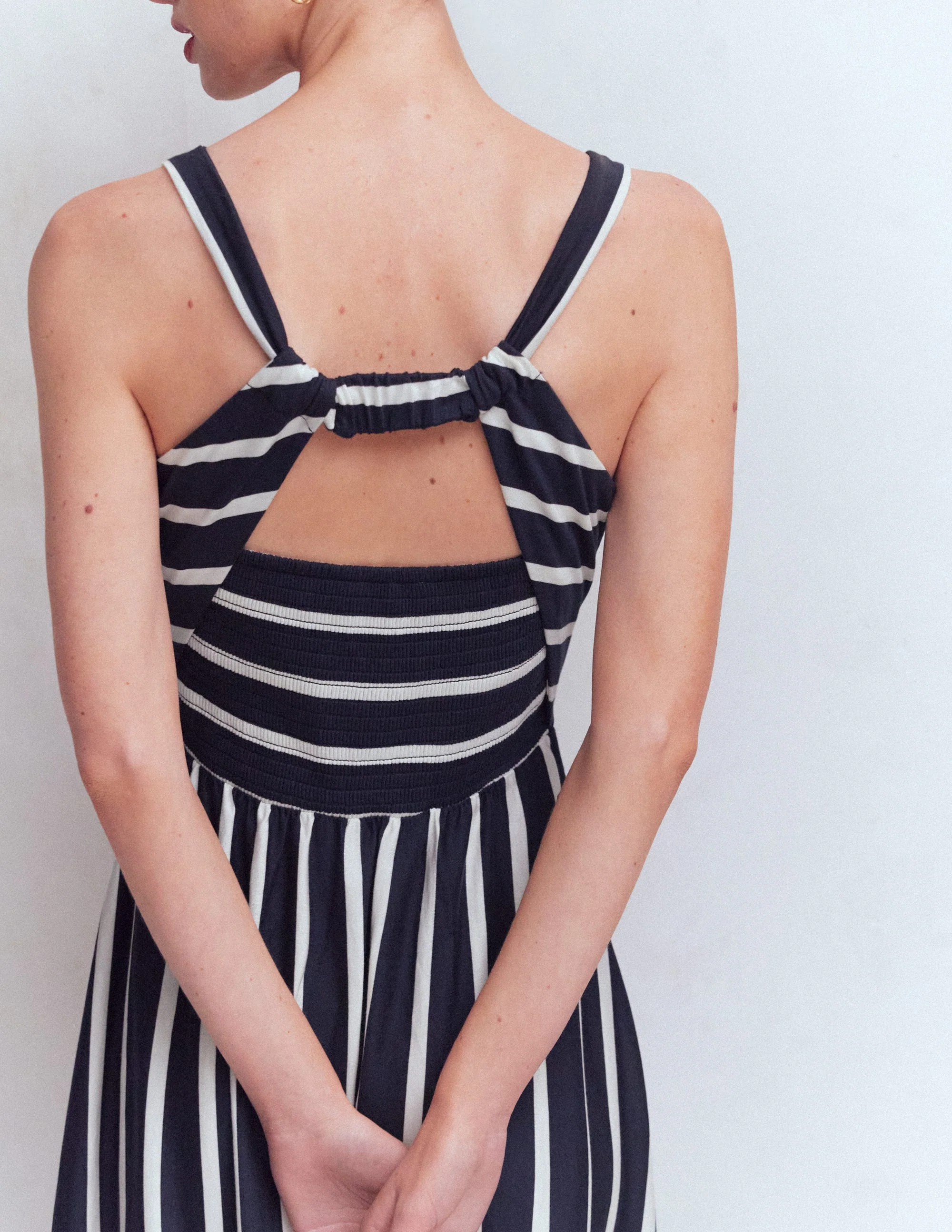 Saoirse Smocked Jersey Dress-Navy, Ivory Stripe - Image 2