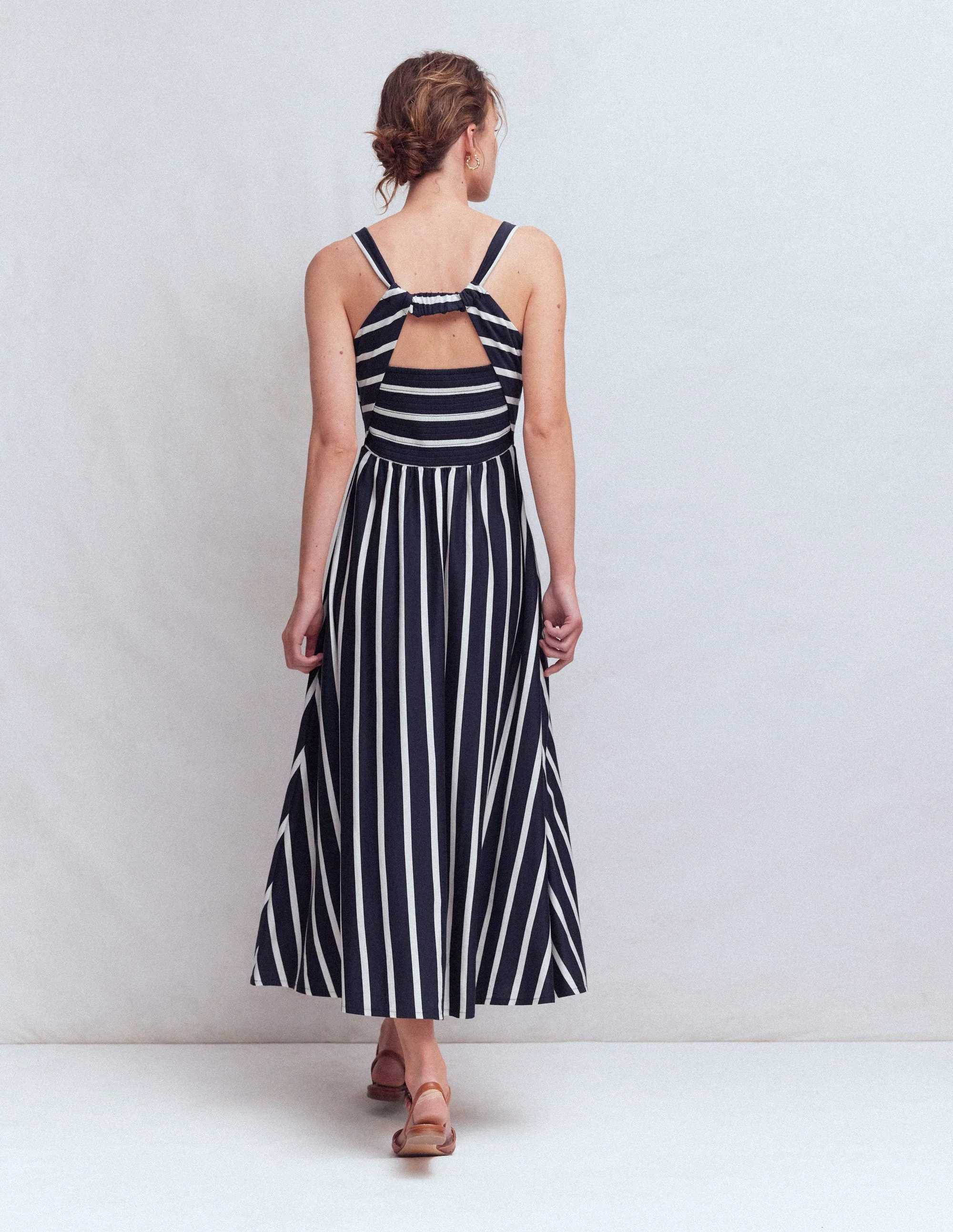 Saoirse Smocked Jersey Dress-Navy, Ivory Stripe - Image 3