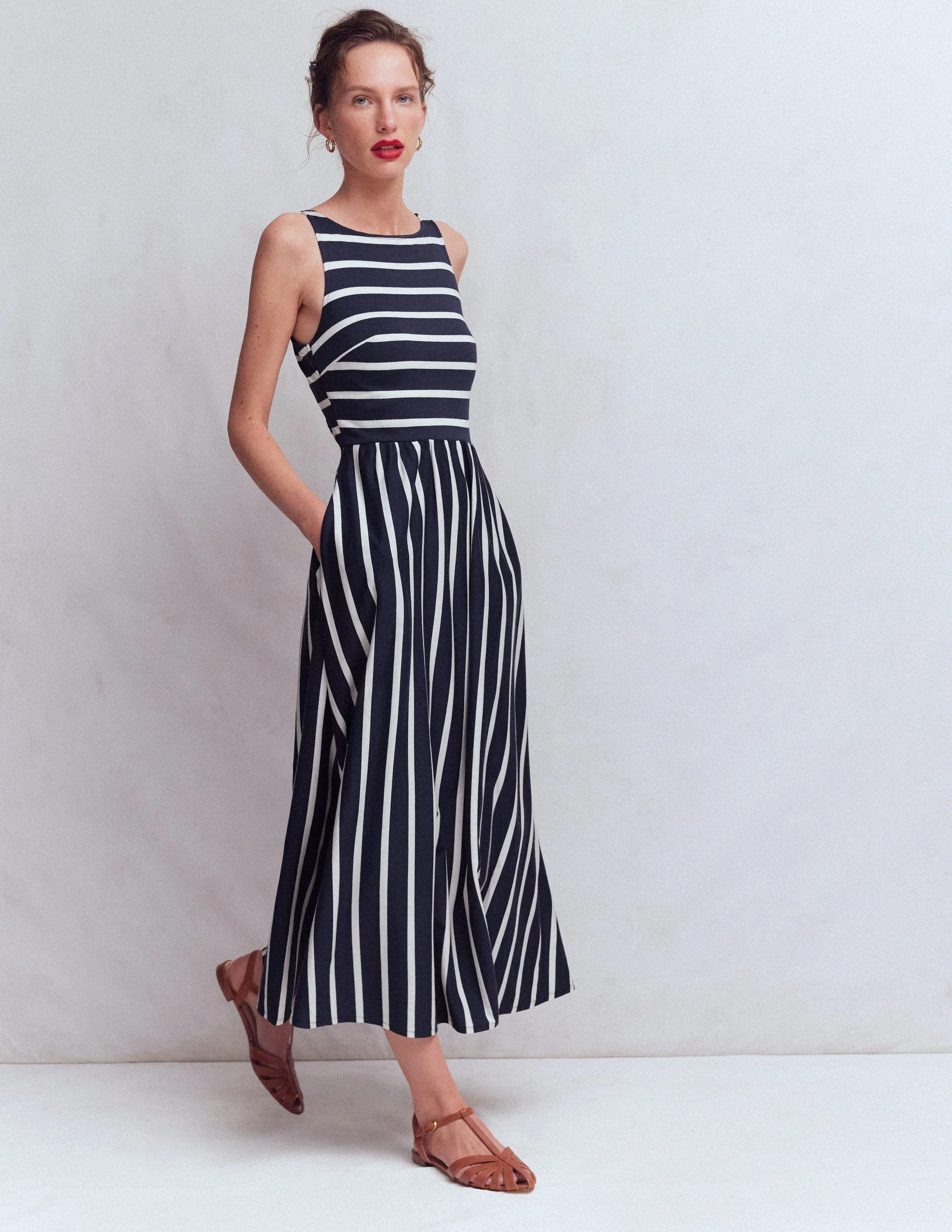 Saoirse Smocked Jersey Dress-Navy, Ivory Stripe - Image 4