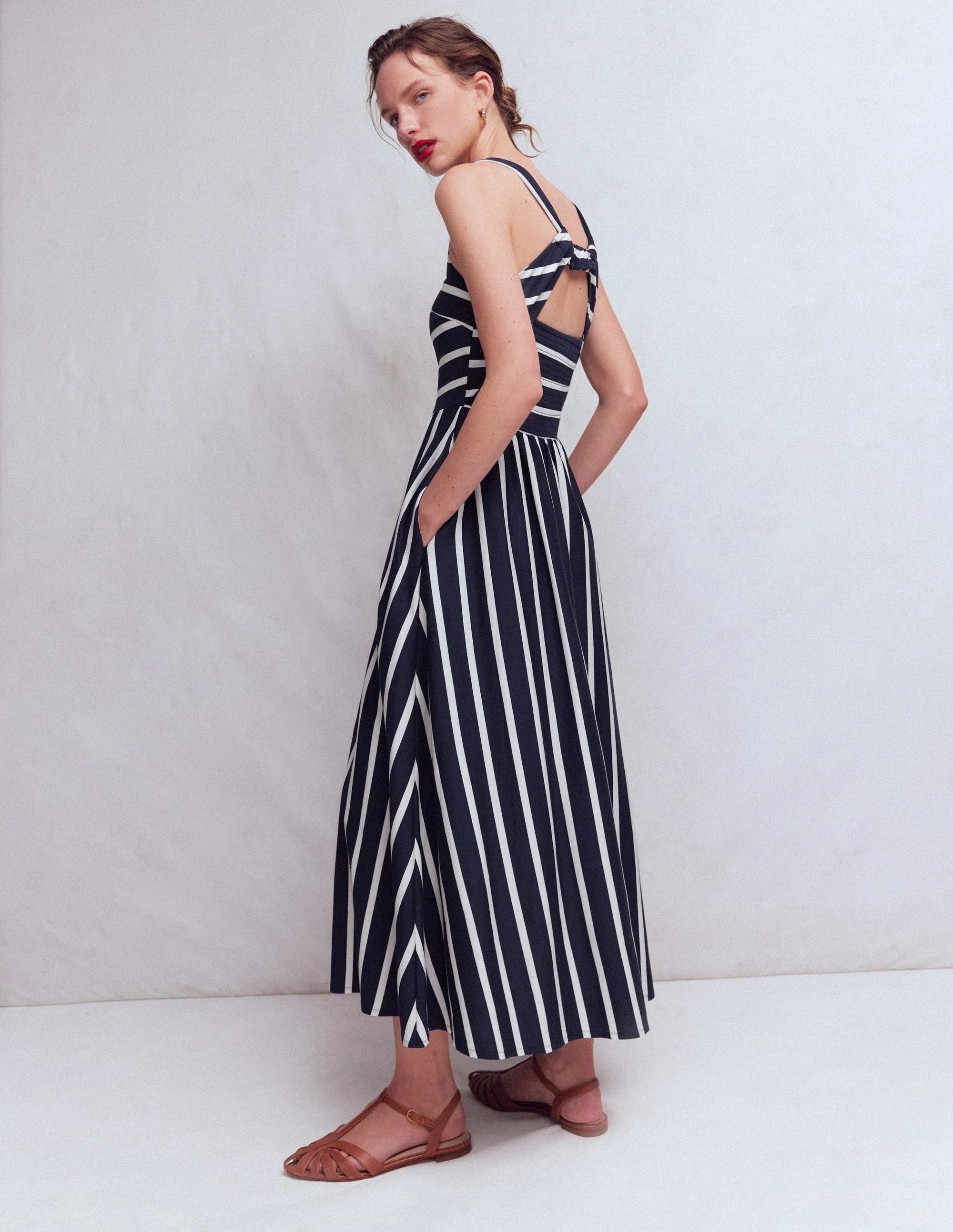 Saoirse Smocked Jersey Dress-Navy, Ivory Stripe - Image 5