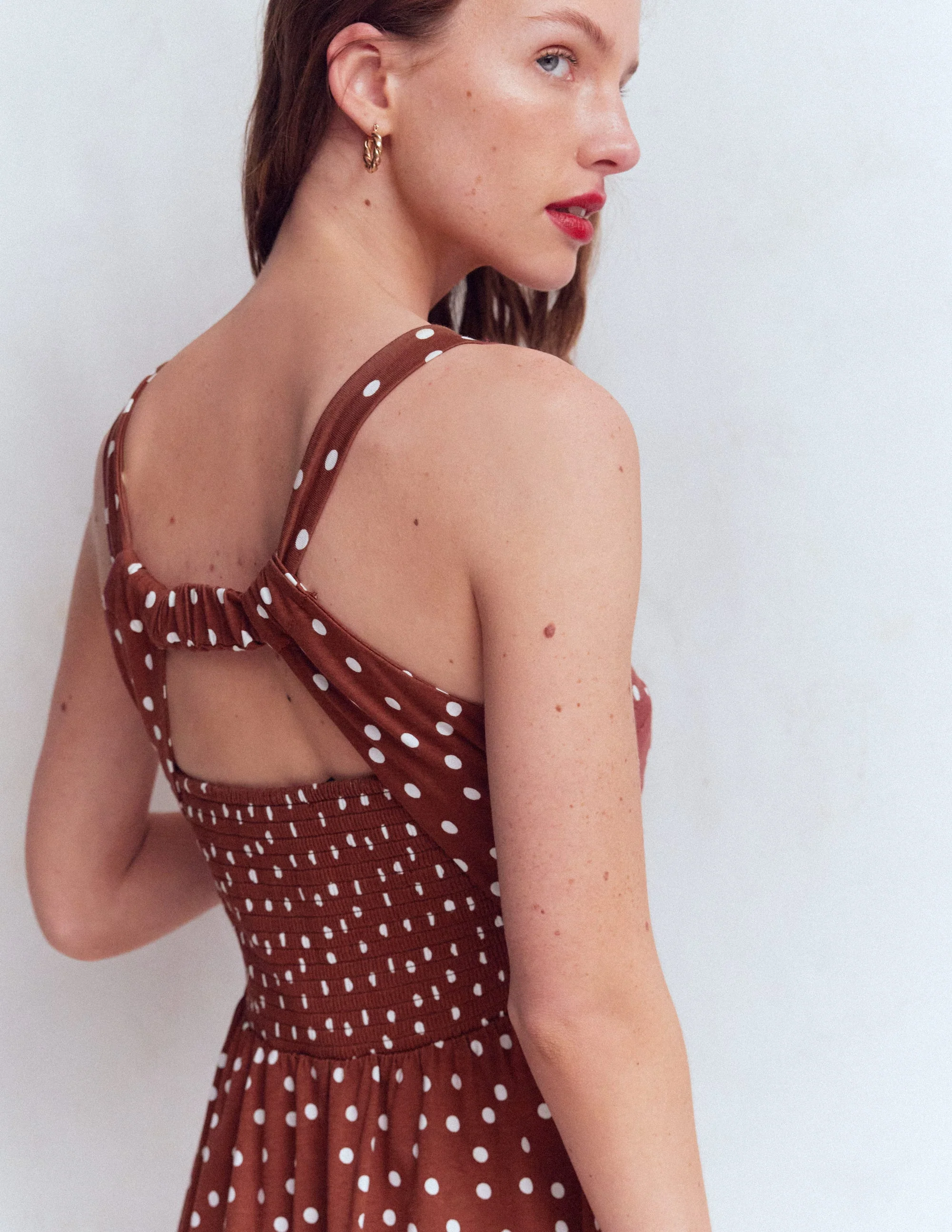 Saoirse Smocked Jersey Dress-Roasted Brown, Painted Dot