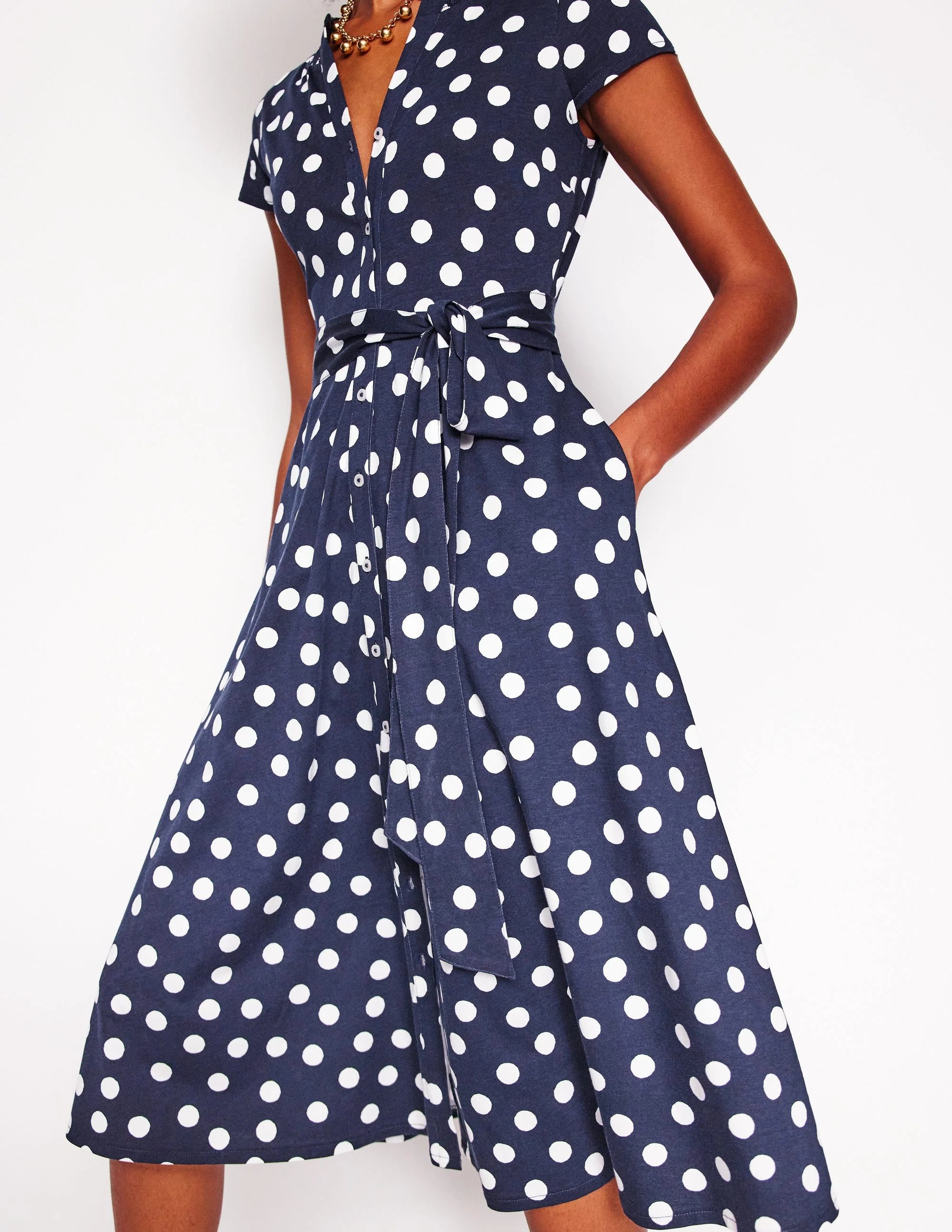 Sara Jersey Shirt Dress-French Navy, Abstract Dot - Image 2