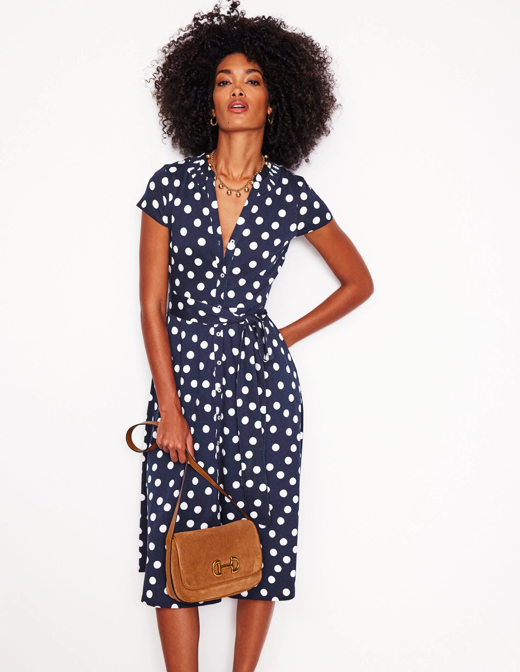 Sara Jersey Shirt Dress-French Navy, Abstract Dot - Image 4