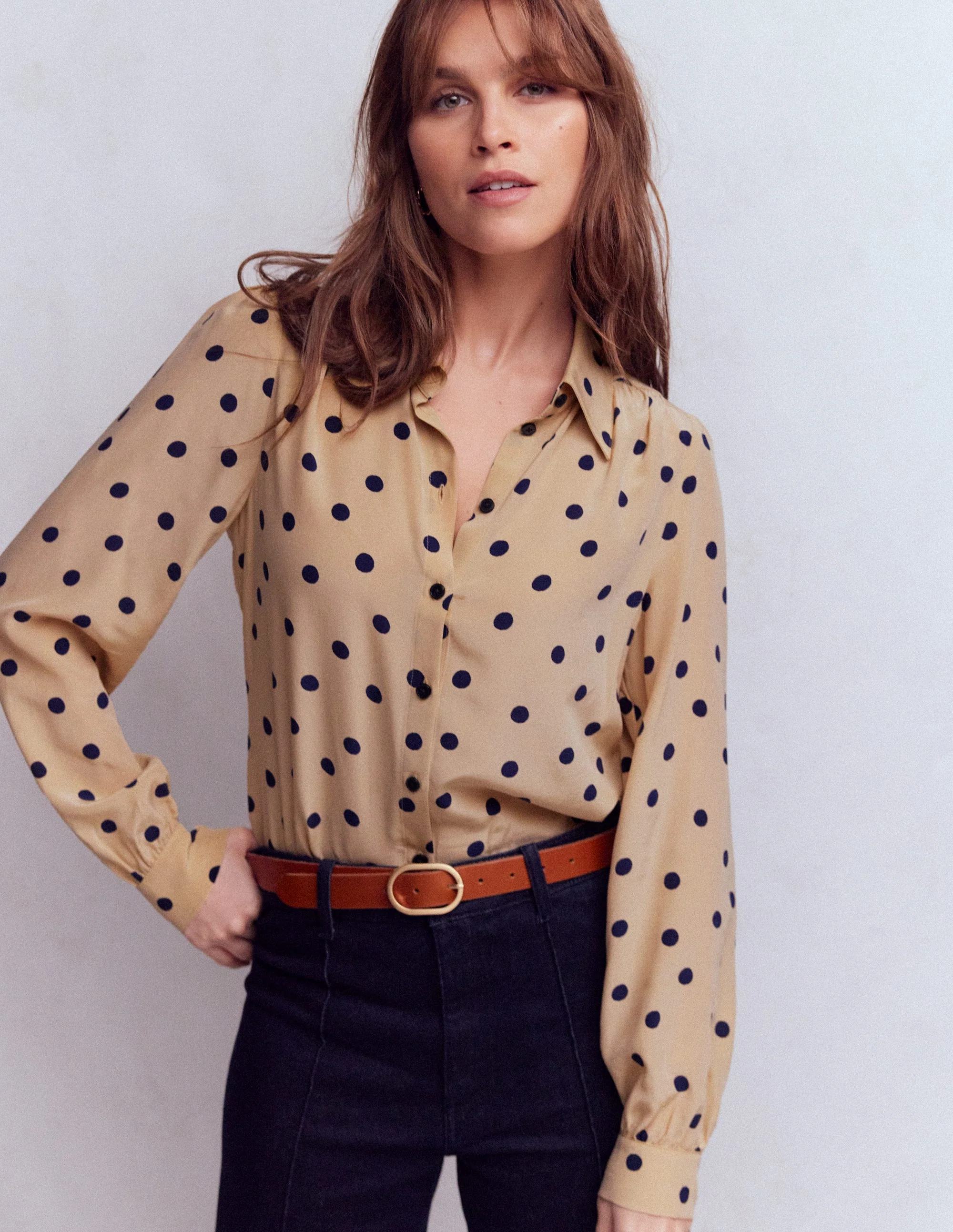 Sara Silk Shirt-Sand, Painted Dot Spaced