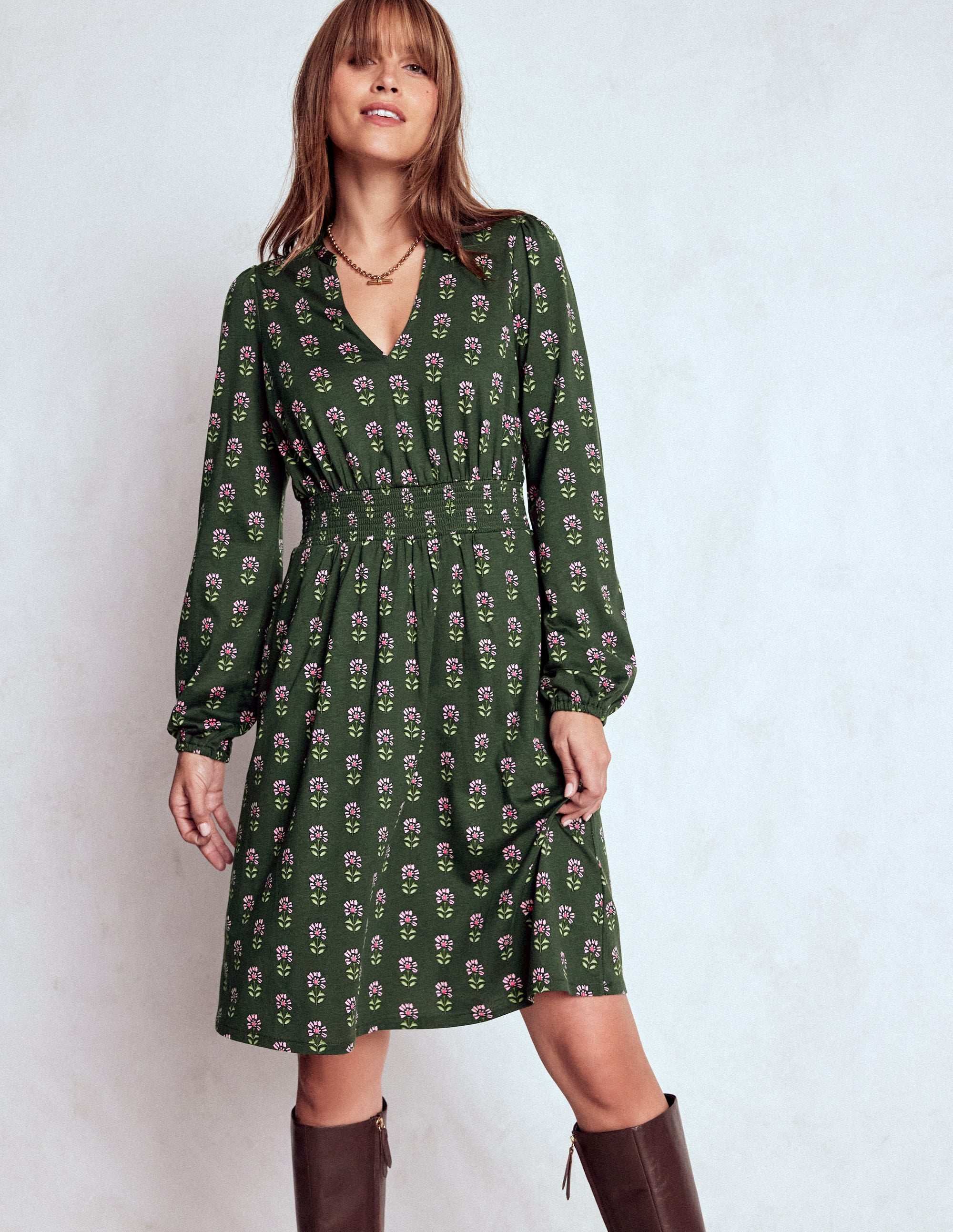 Sarah Short Jersey Dress-Winter Moss, Woodblock Floral