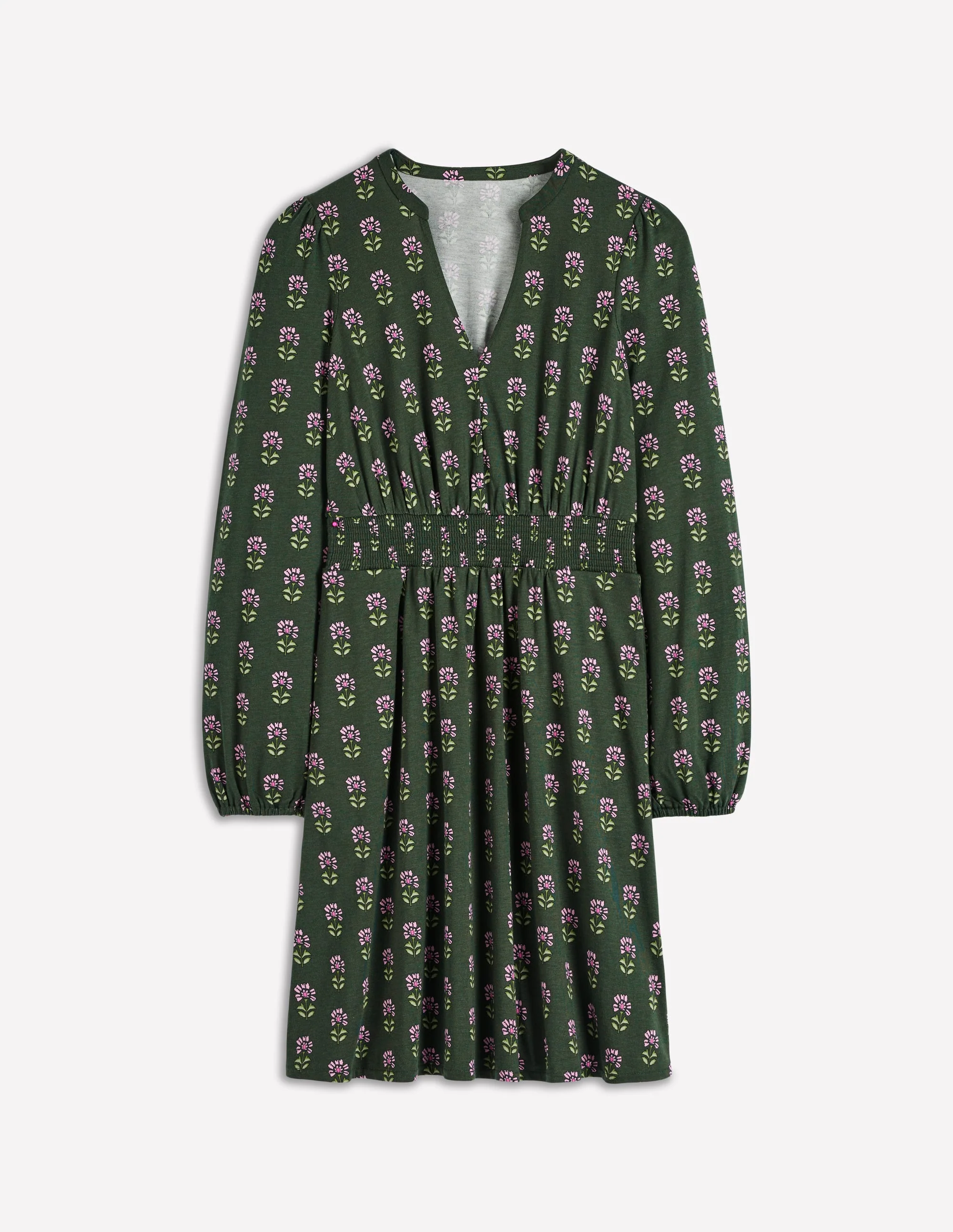 Sarah Short Jersey Dress-Winter Moss, Woodblock Floral - Image 7