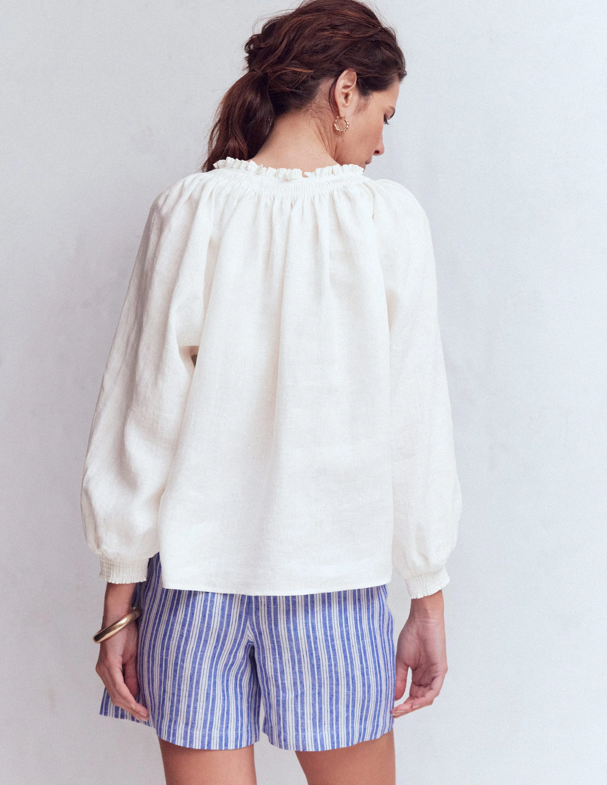 Serena Pleat Neck Linen Top-White - Image 3