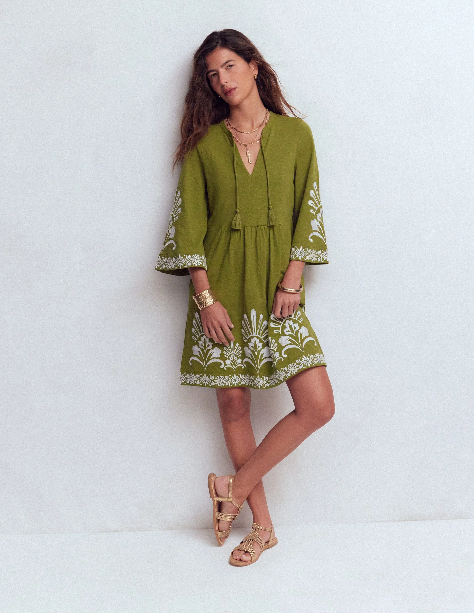 Short Kaftan Jersey Dress-Khaki Embroidered - Image 2