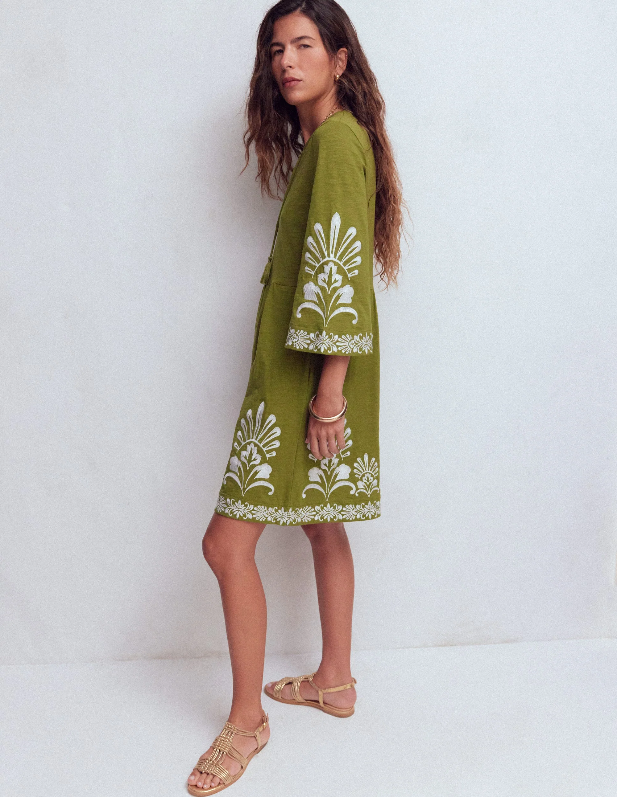 Short Kaftan Jersey Dress-Khaki Embroidered - Image 3