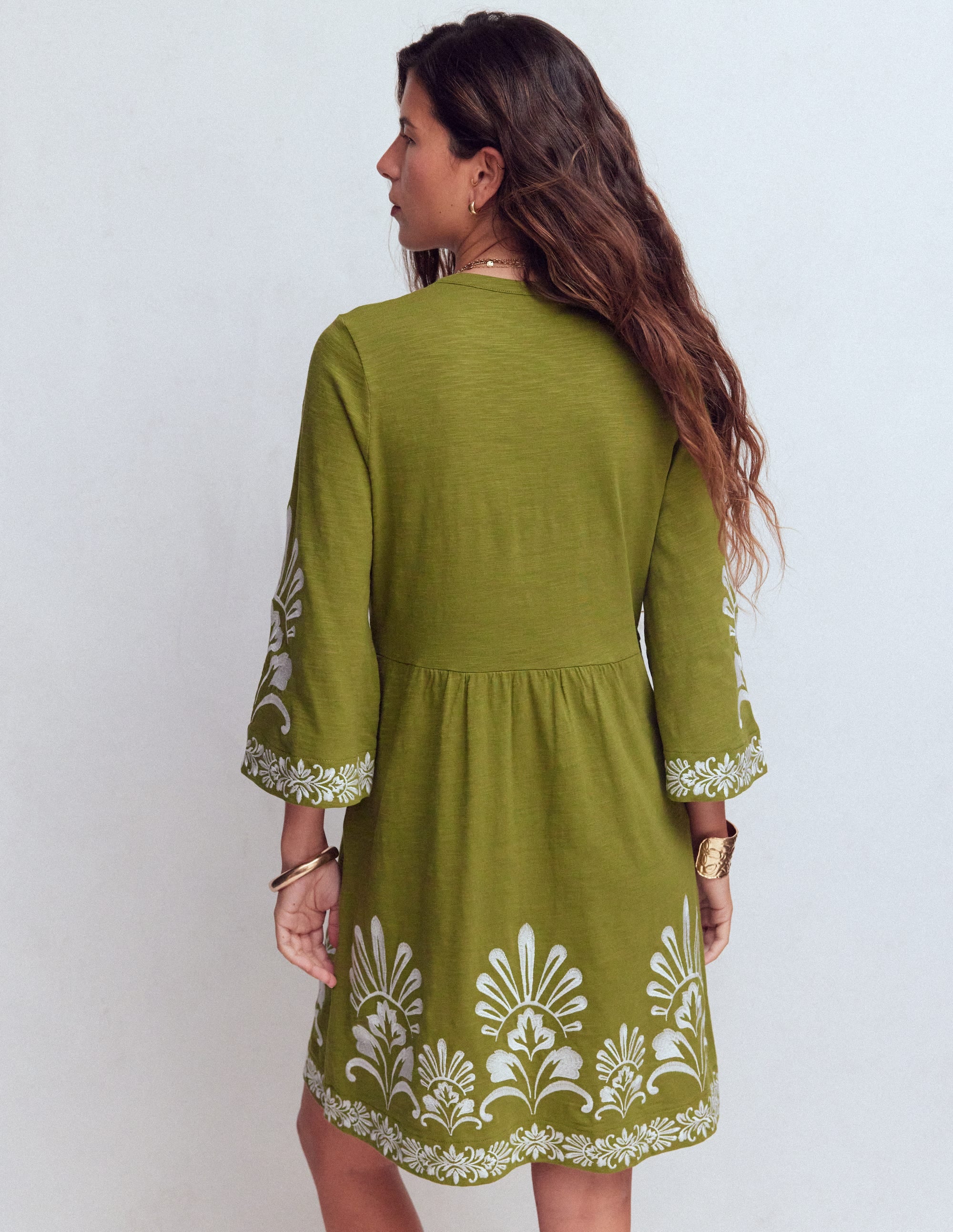 Short Kaftan Jersey Dress-Khaki Embroidered - Image 5
