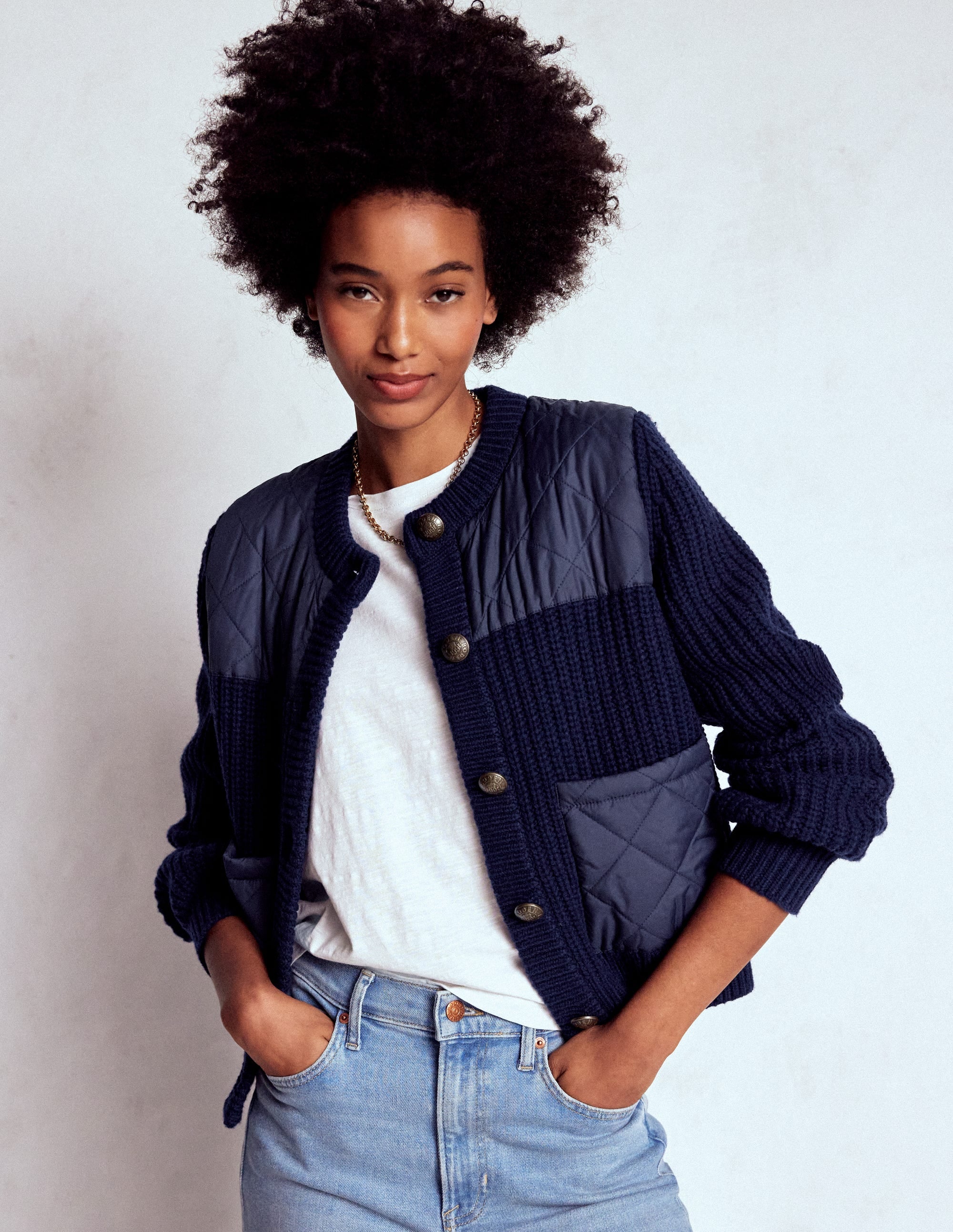 Short Quilted Knitted Jacket-Navy