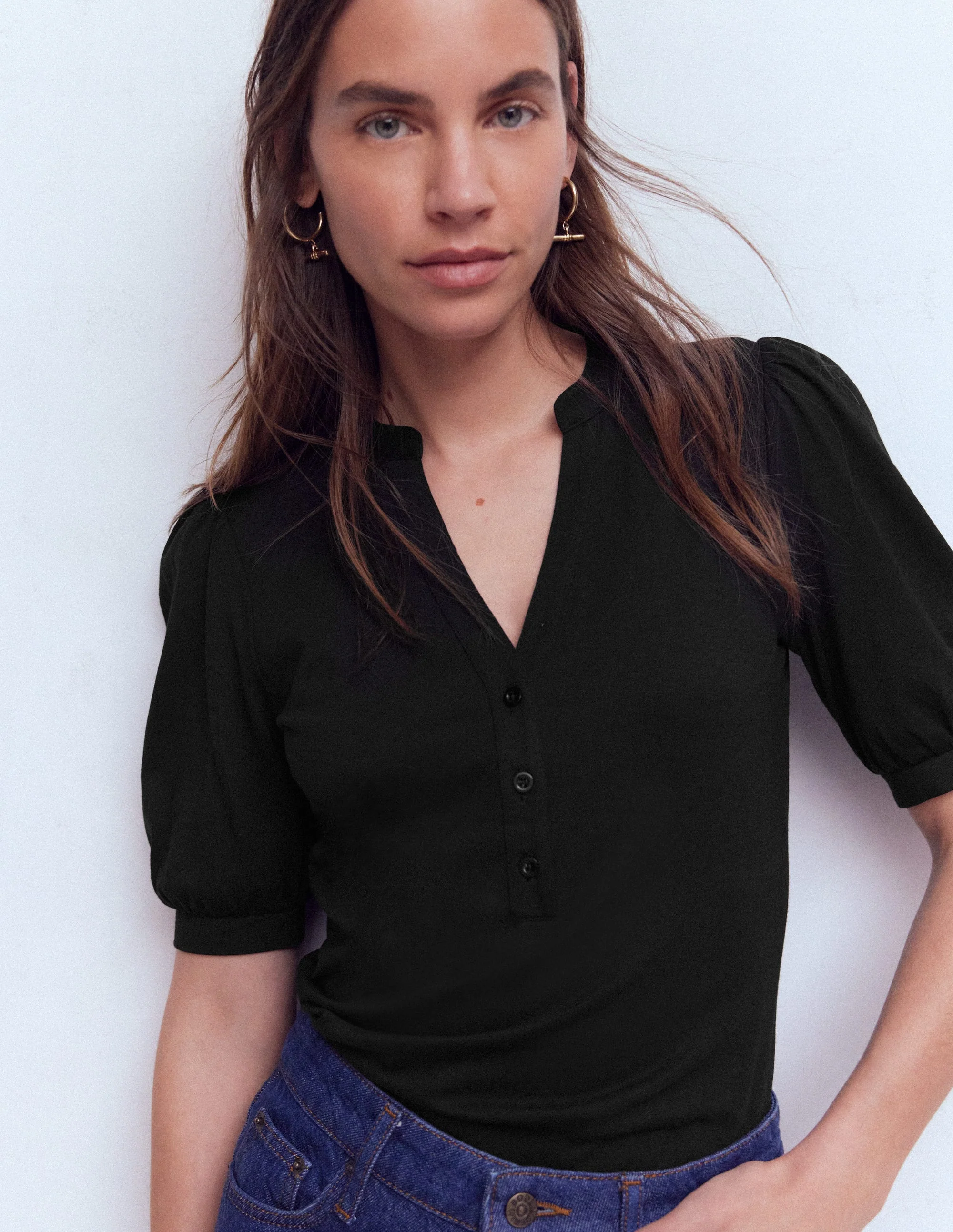 Short Sleeve Open Neck Henley-Black - Image 4