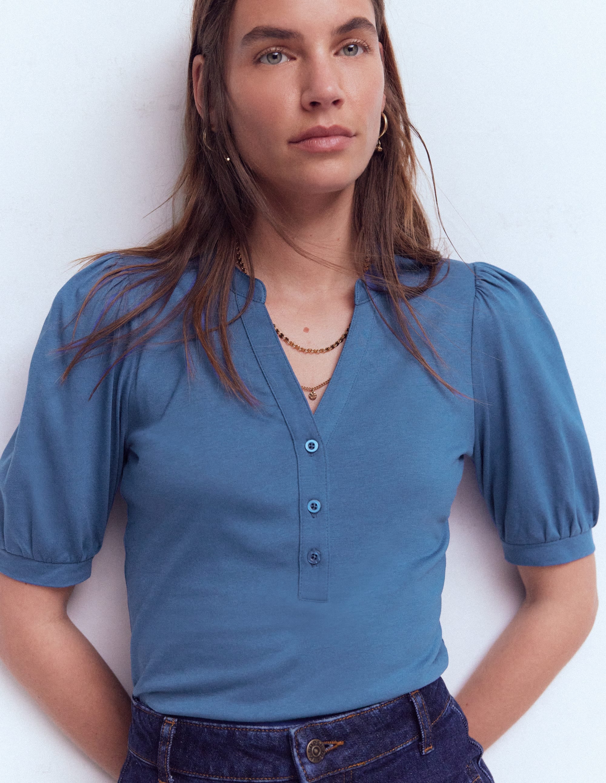 Short Sleeve Open Neck Henley-Denim Blue