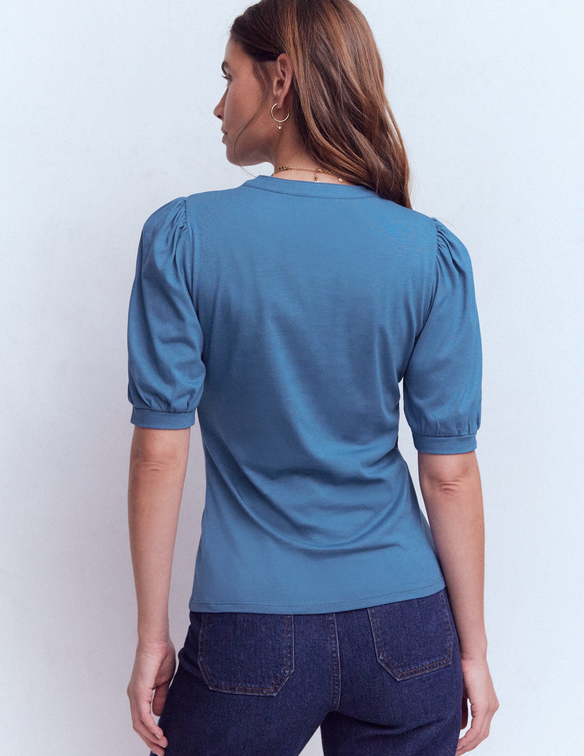 Short Sleeve Open Neck Henley-Denim Blue - Image 3