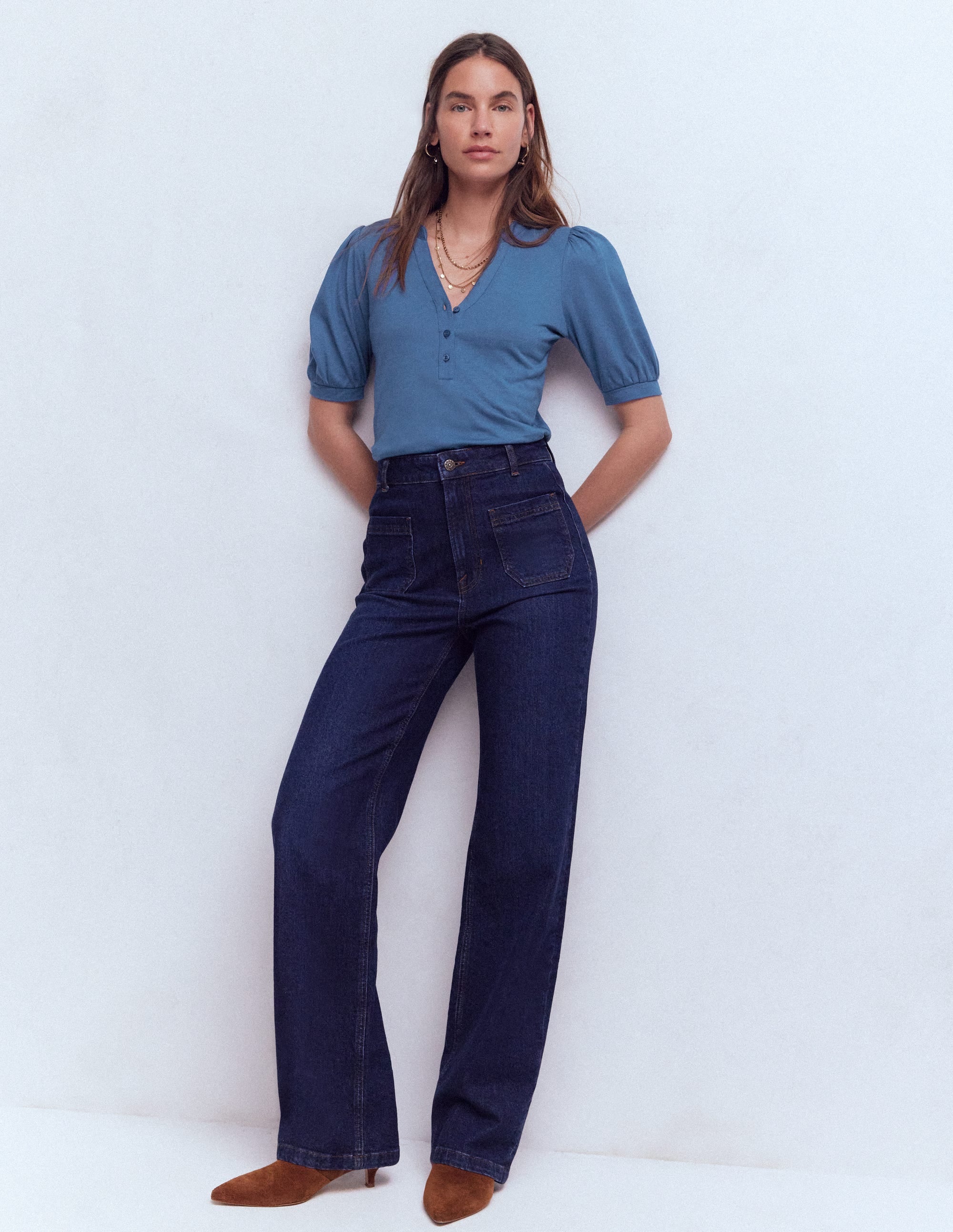 Short Sleeve Open Neck Henley-Denim Blue - Image 4