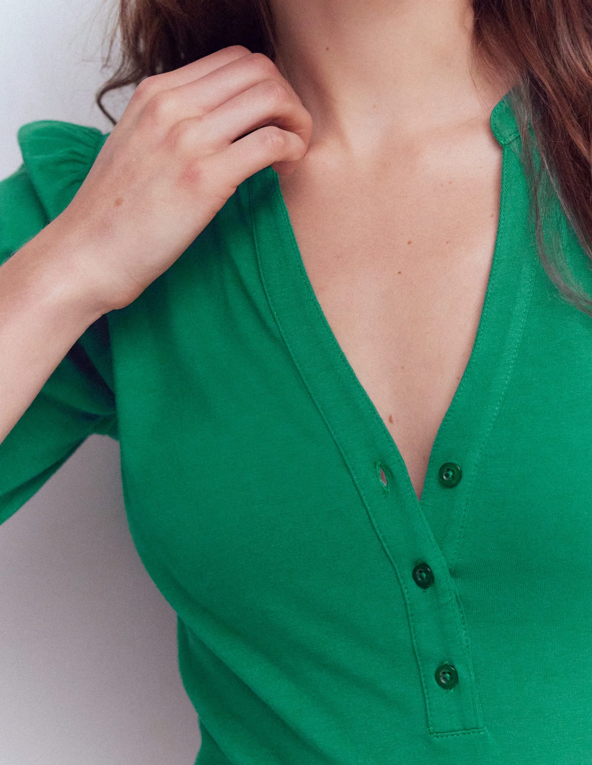 Short Sleeve Open Neck Henley-Jewel Green - Image 2