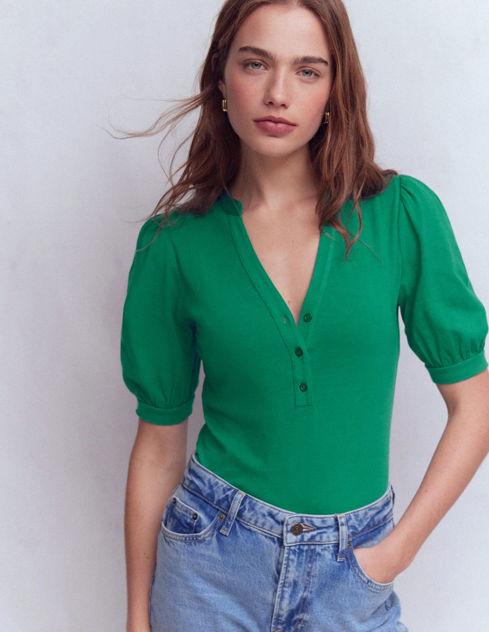 Short Sleeve Open Neck Henley-Jewel Green - Image 4