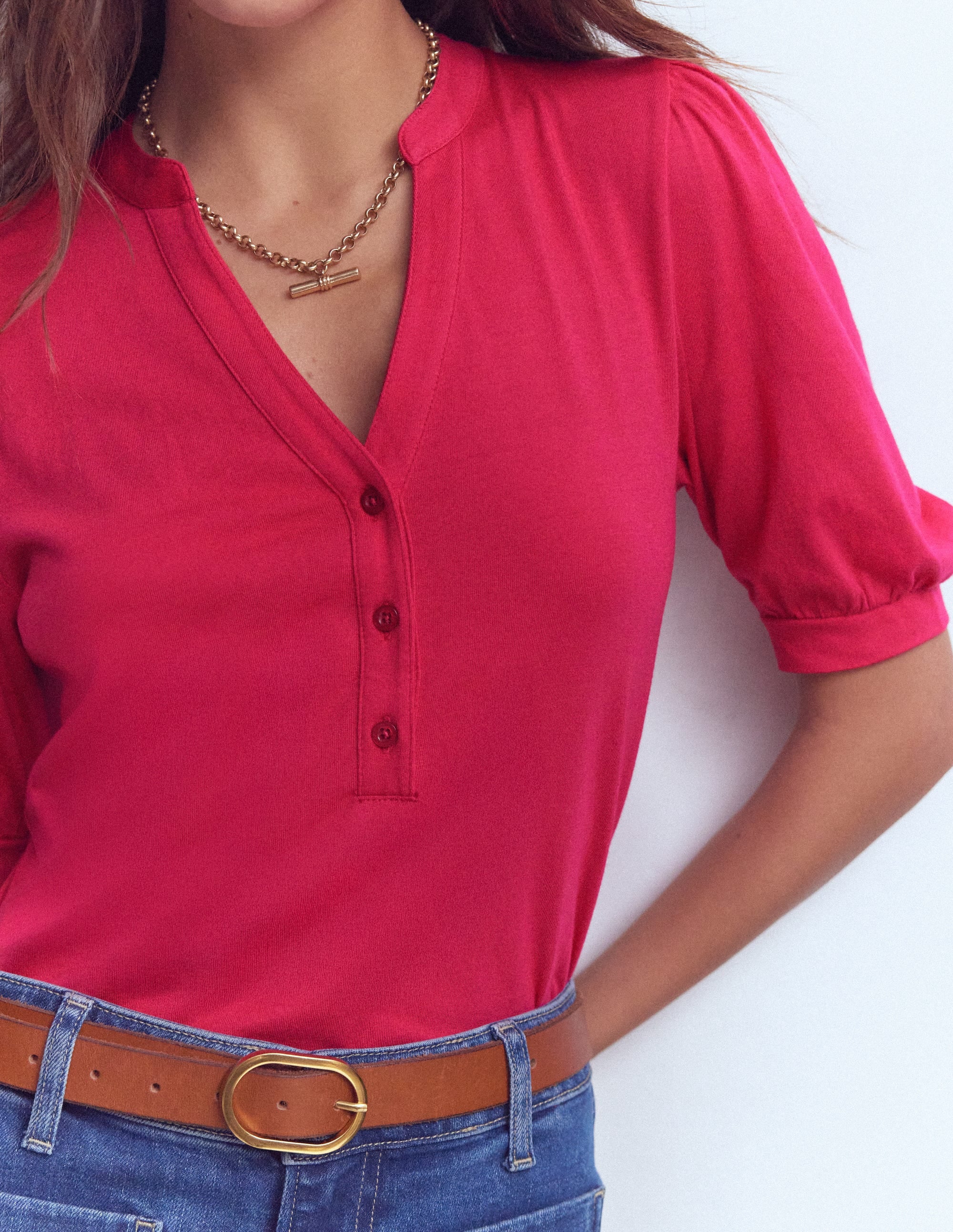 Short Sleeve Open Neck Henley-Pomegranate - Image 2