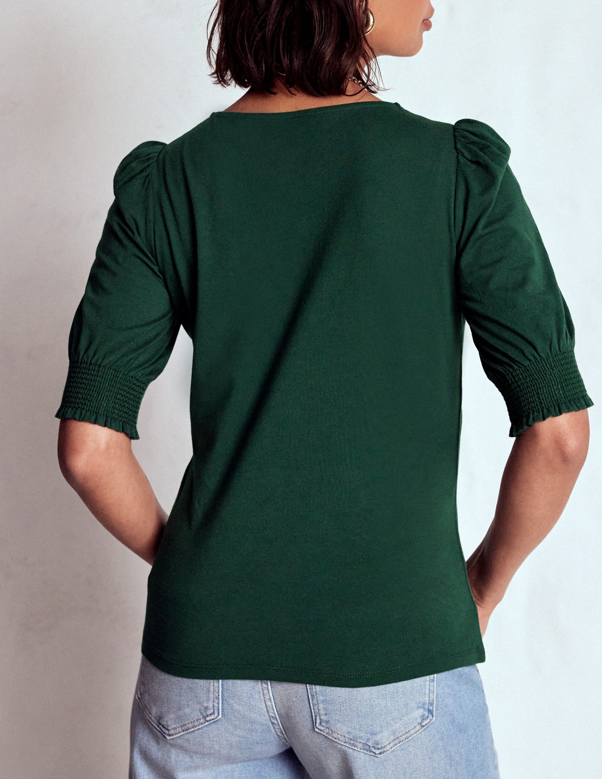 Short Sleeve Smocked Cuff Top-Green Pine - Image 3