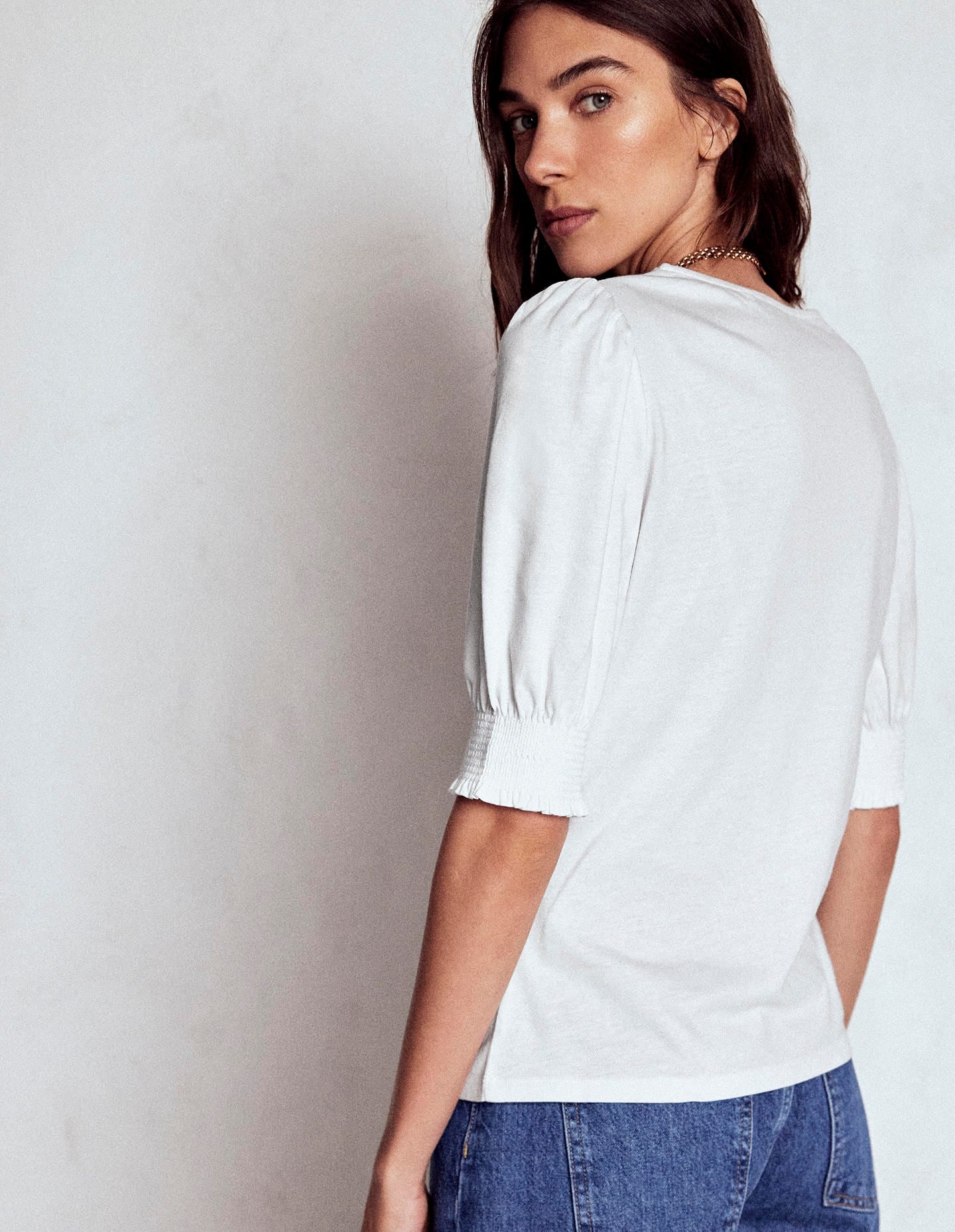 Short Sleeve Smocked Cuff Top-White - Image 3