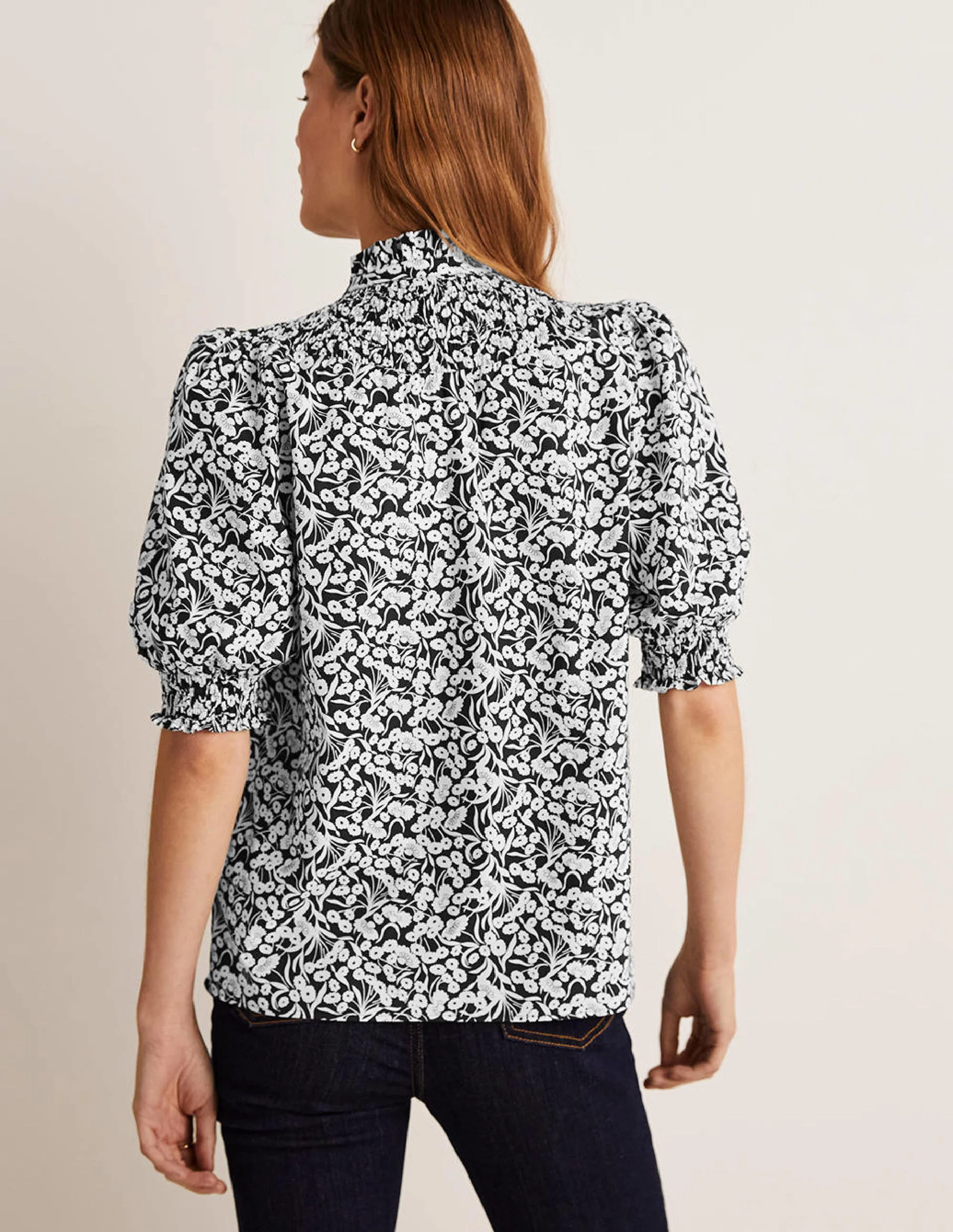 Short Sleeve Smocked Shirt-Black, Floret Bud - Image 3