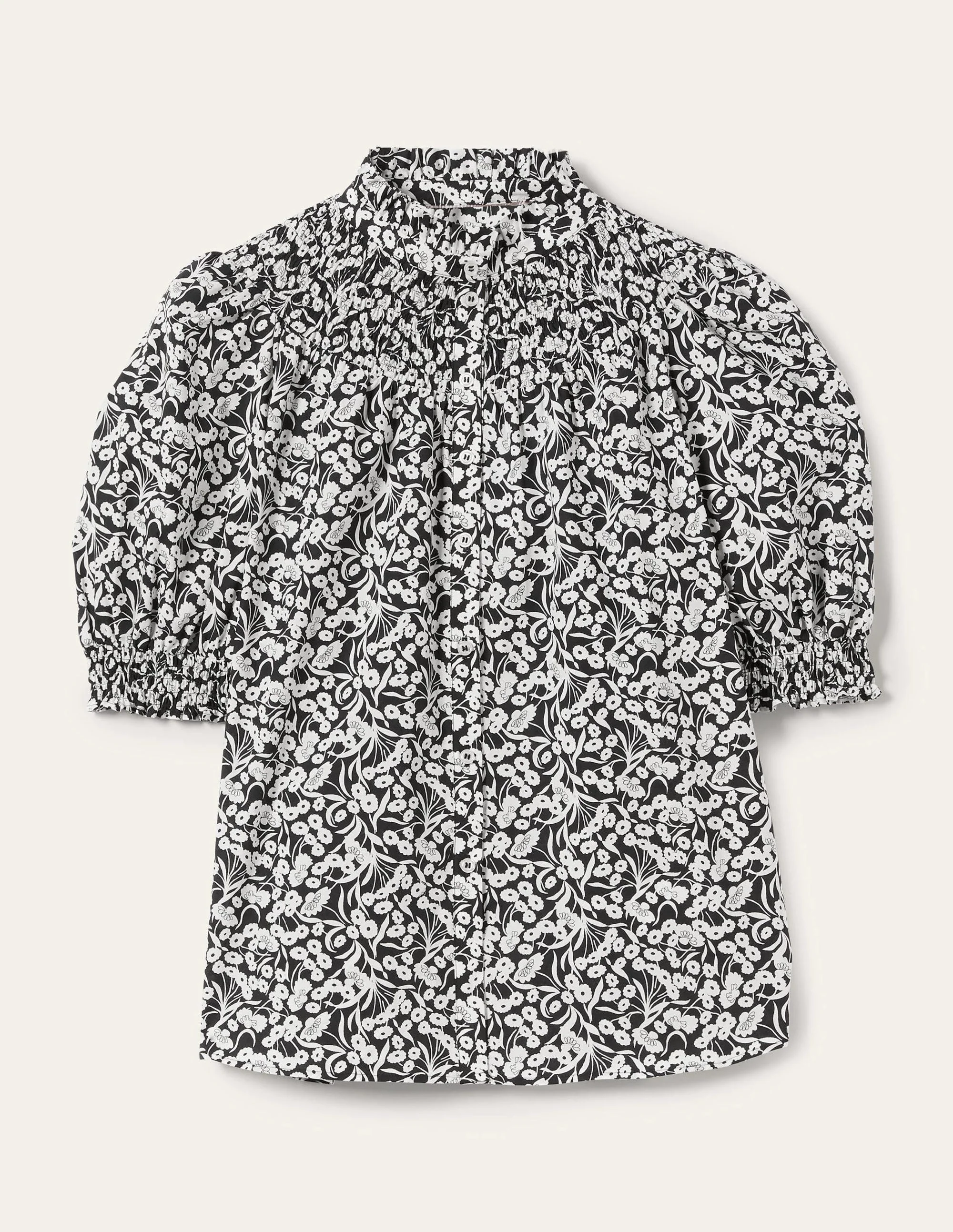 Short Sleeve Smocked Shirt-Black, Floret Bud - Image 9
