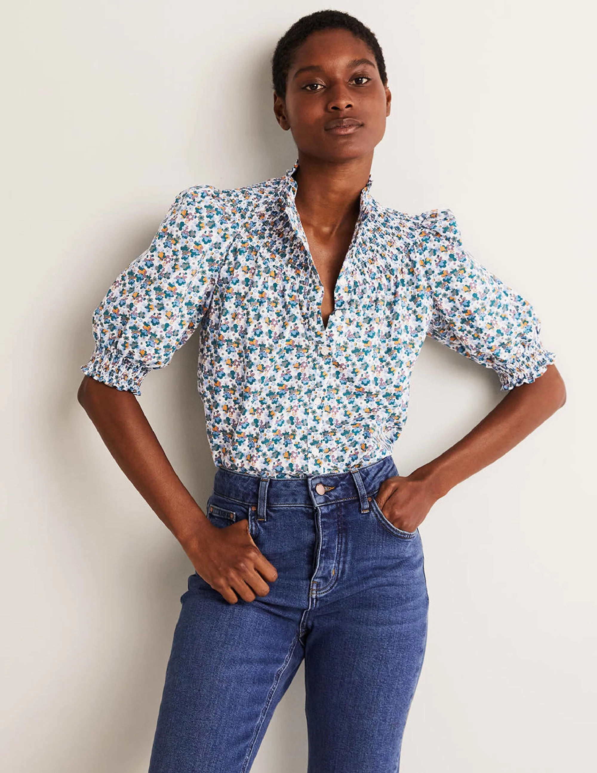 Short Sleeve Smocked Shirt-Blue, Abstract Cluster