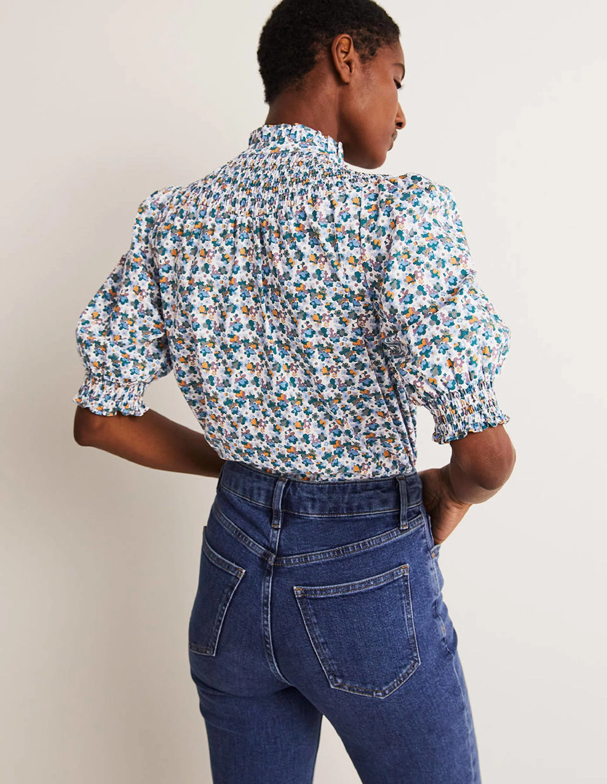 Short Sleeve Smocked Shirt-Blue, Abstract Cluster - Image 3