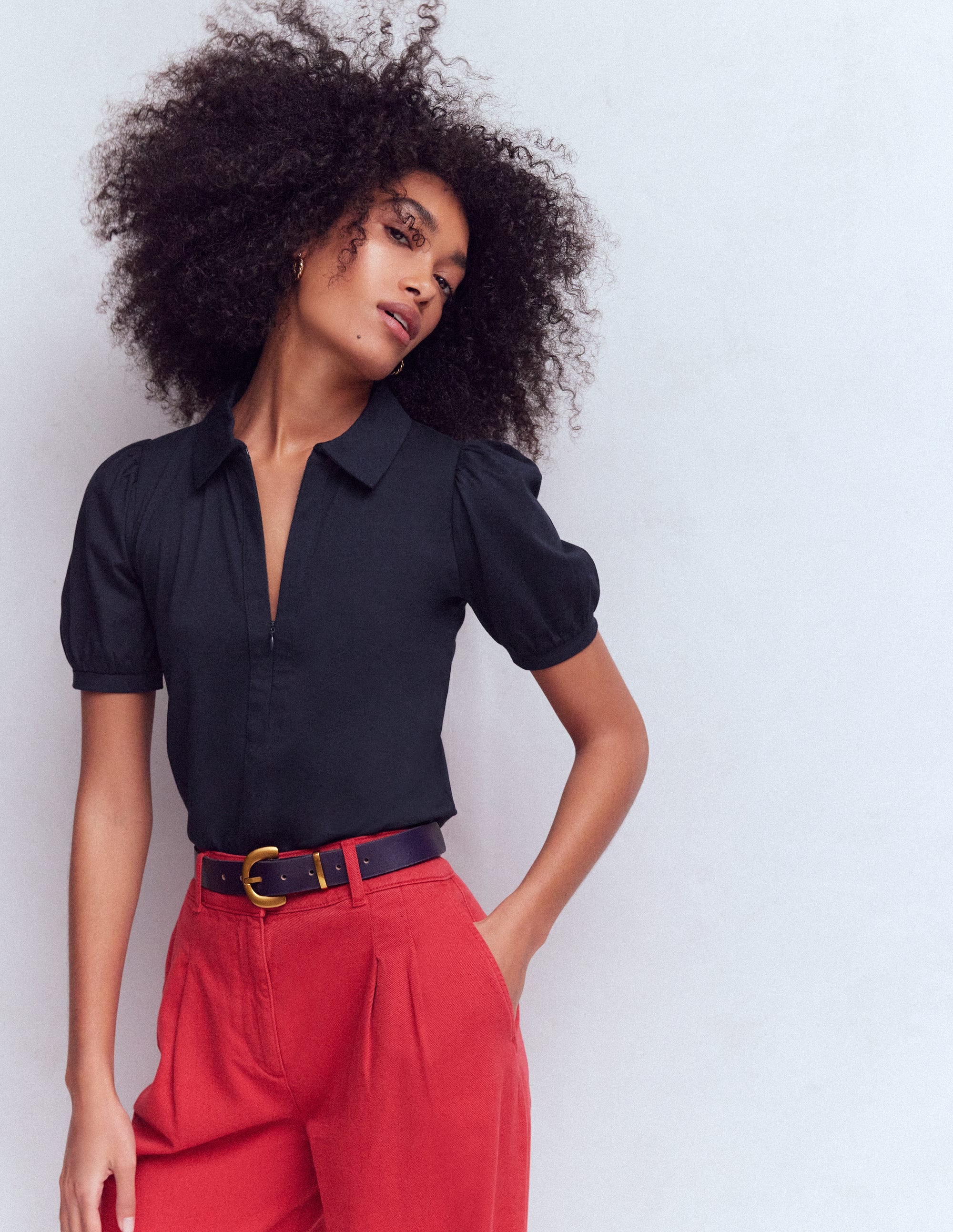 Short Sleeve Zip Collar Top-Navy - Image 5