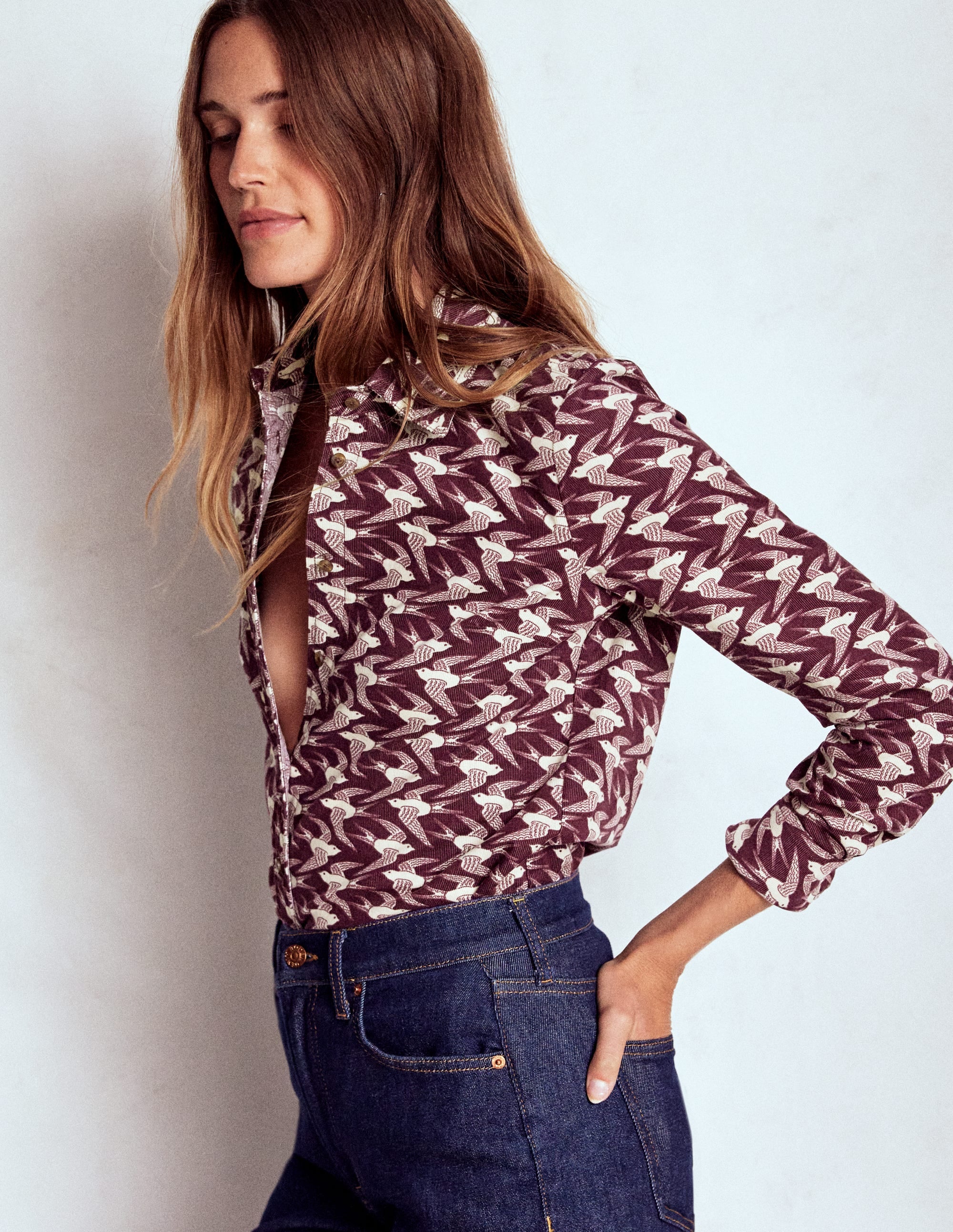 Sienna Cord Shirt-Dark Cherry, Swooping Swallow - Image 4